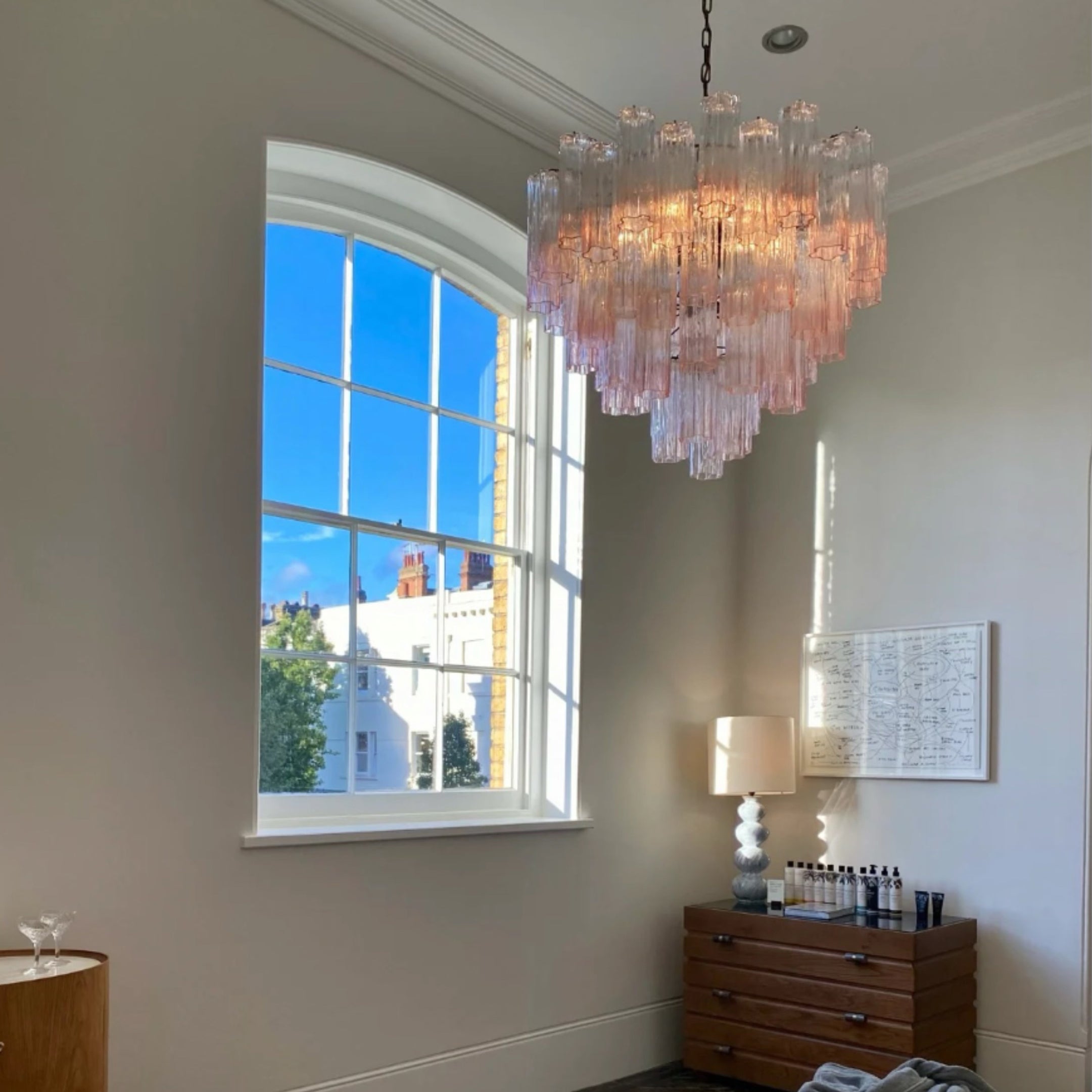 Antizer Luxury Pink Glass Tiered Chandelier