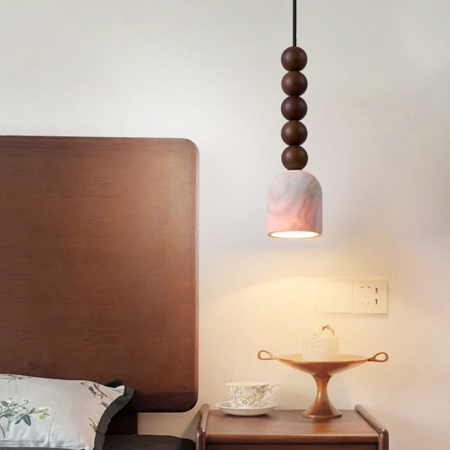 Antizer Dome Wood Beads Travertine Pendant Light