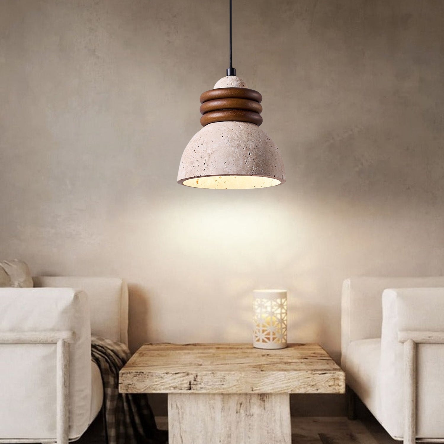 Antizer Dome Wood Stacked Travertine Pendant Light