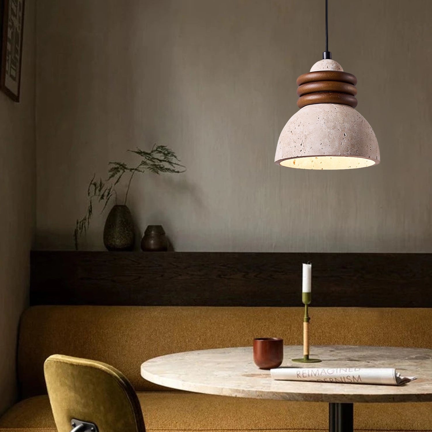 Antizer Dome Wood Stacked Travertine Pendant Light
