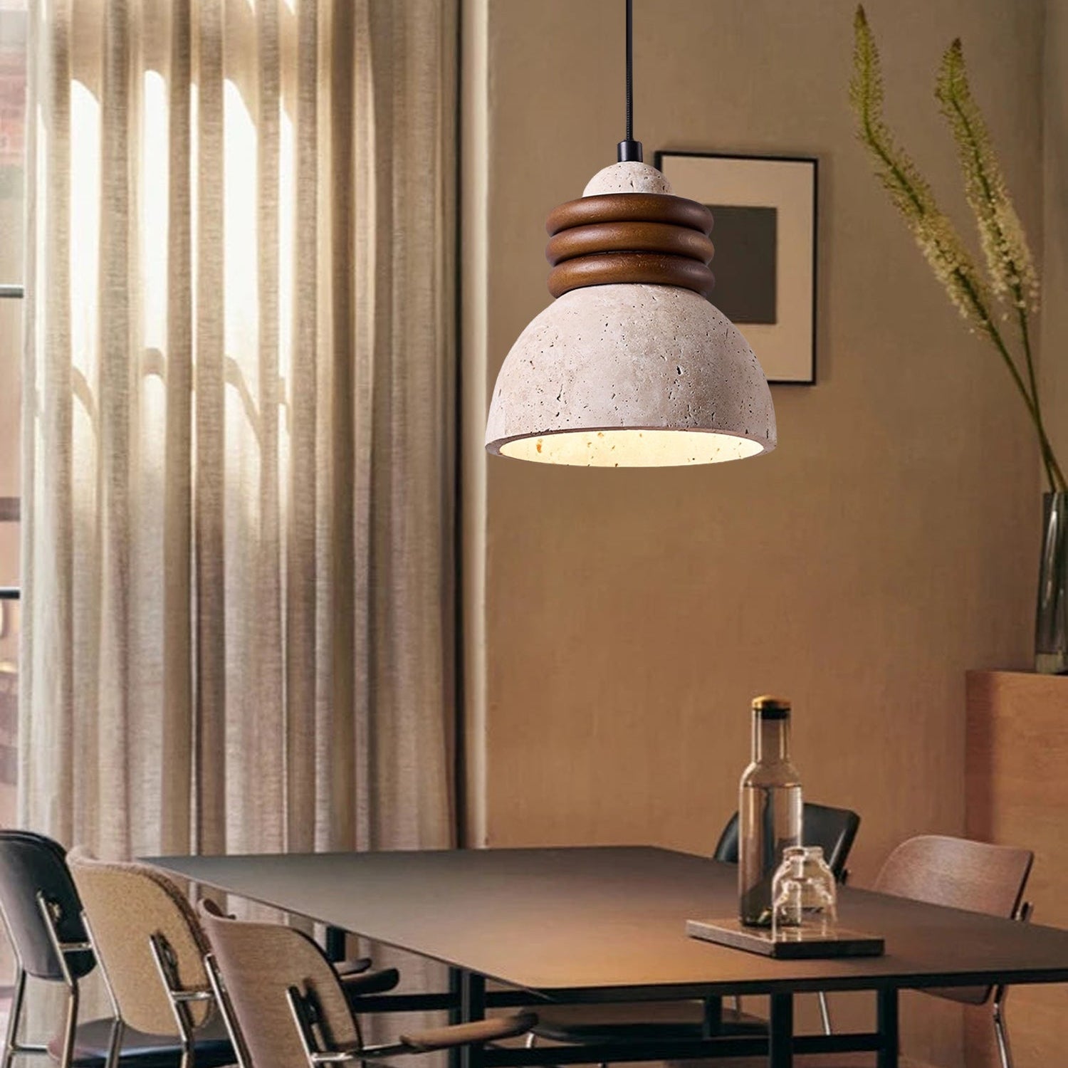 Antizer Dome Wood Stacked Travertine Pendant Light