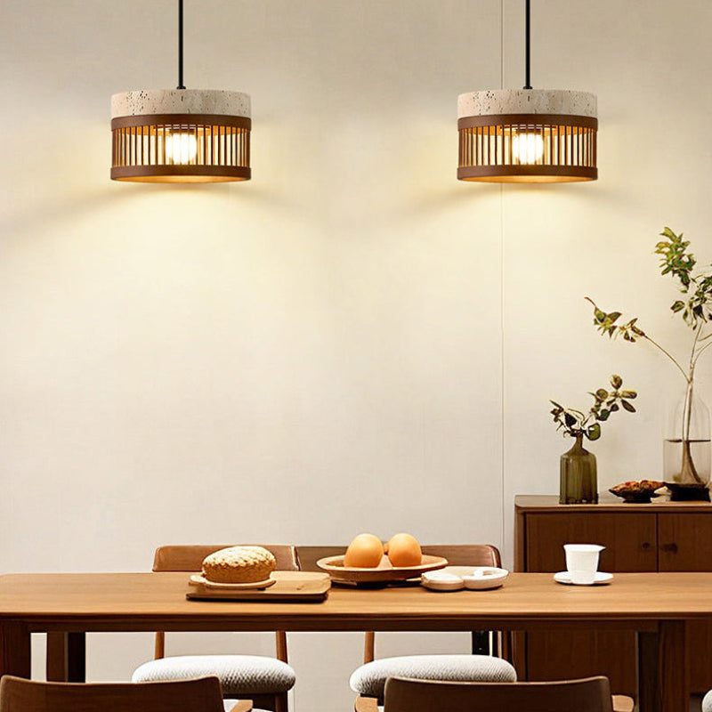 Antizer Modern Cylinder Slatted Travertine Pendant Light