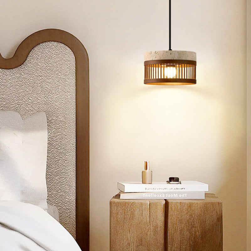 Antizer Modern Cylinder Slatted Travertine Pendant Light
