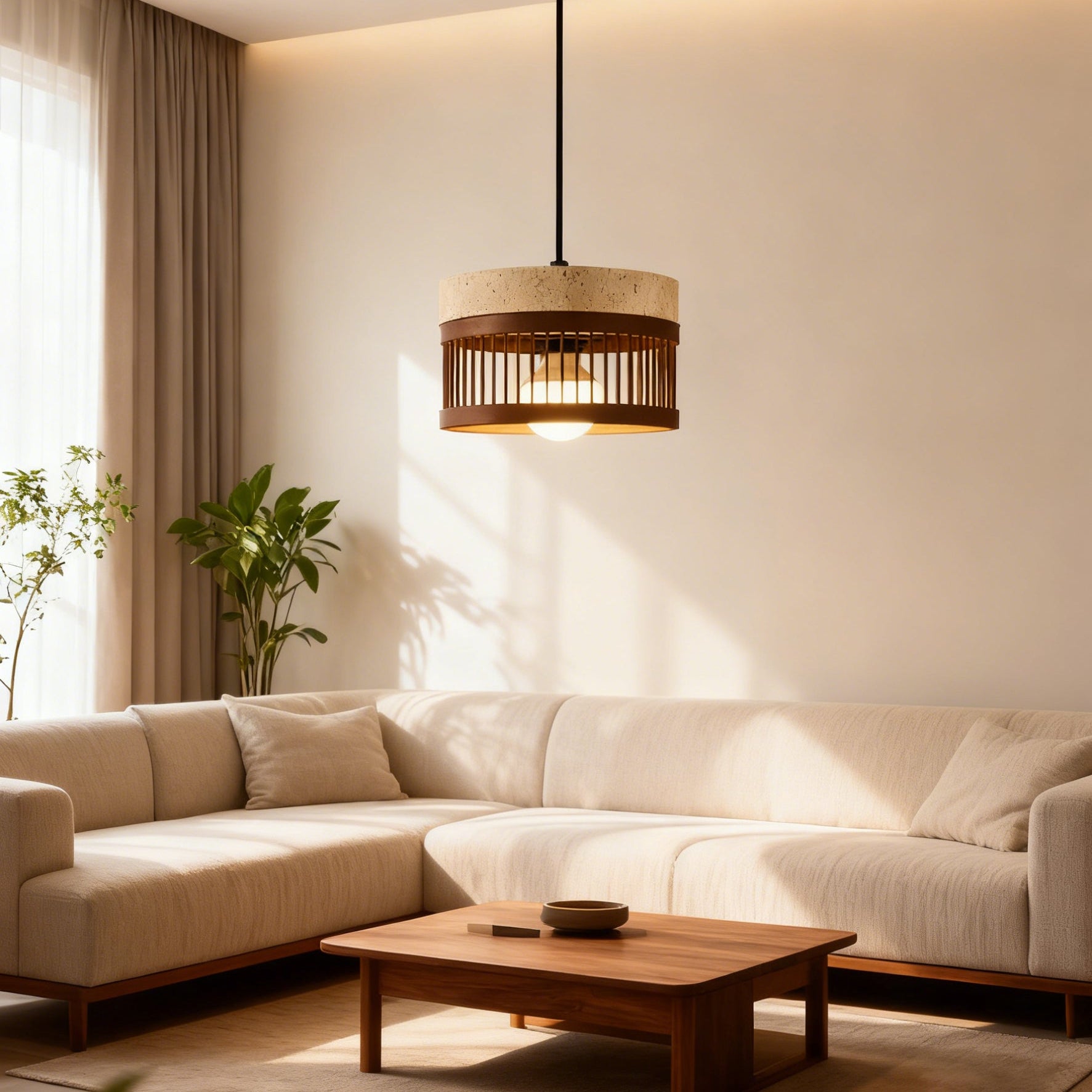 Antizer Modern Cylinder Slatted Travertine Pendant Light
