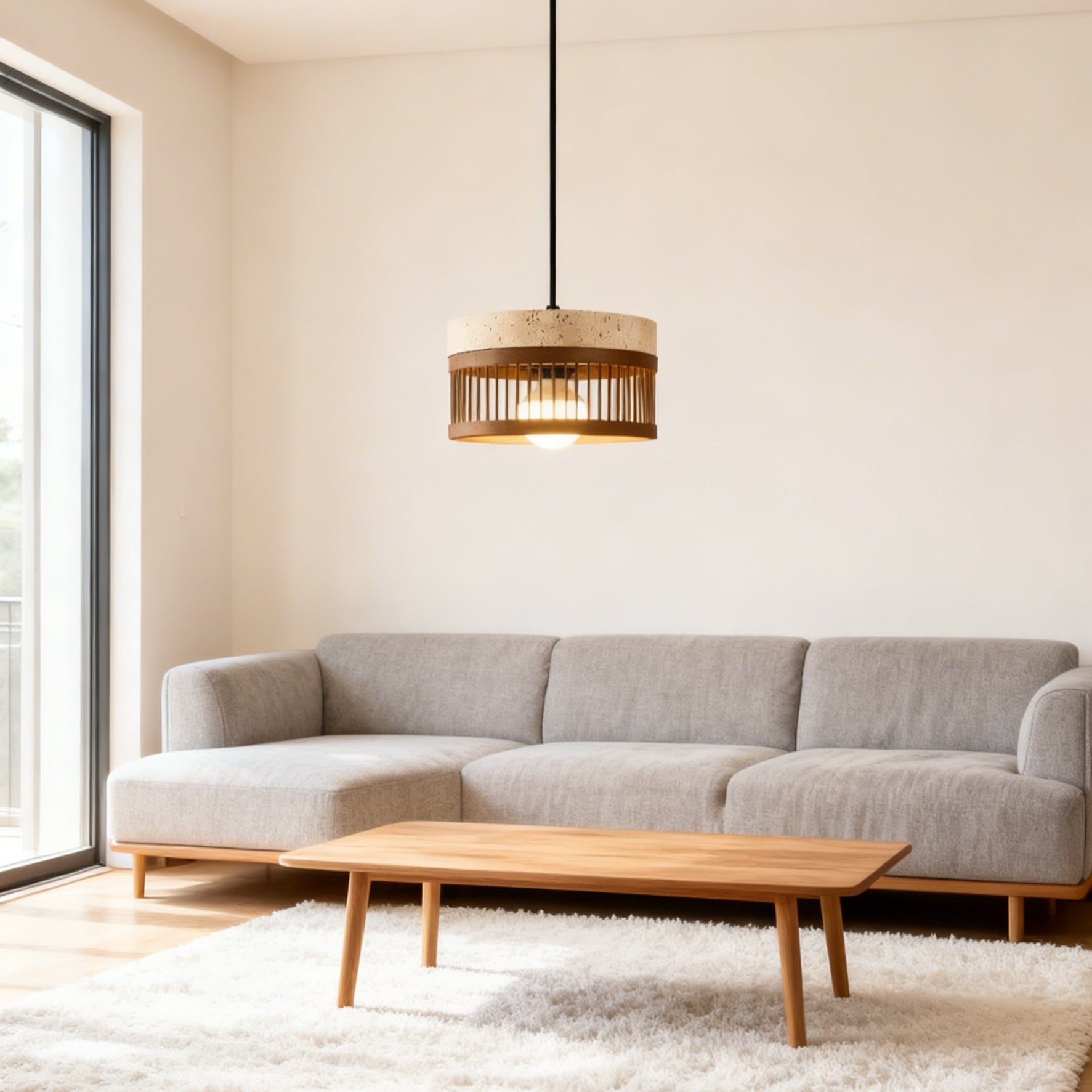 Antizer Modern Cylinder Slatted Travertine Pendant Light