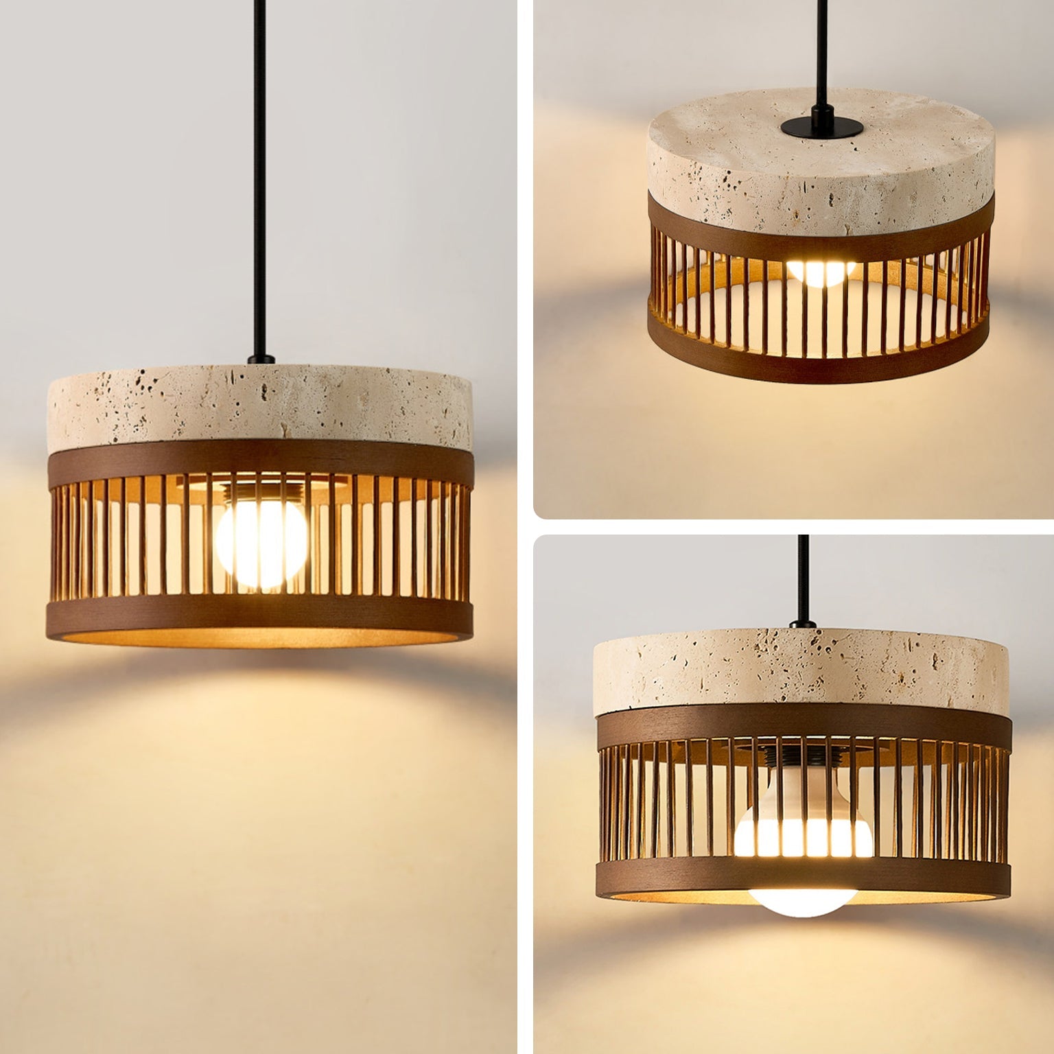 Antizer Modern Cylinder Slatted Travertine Pendant Light