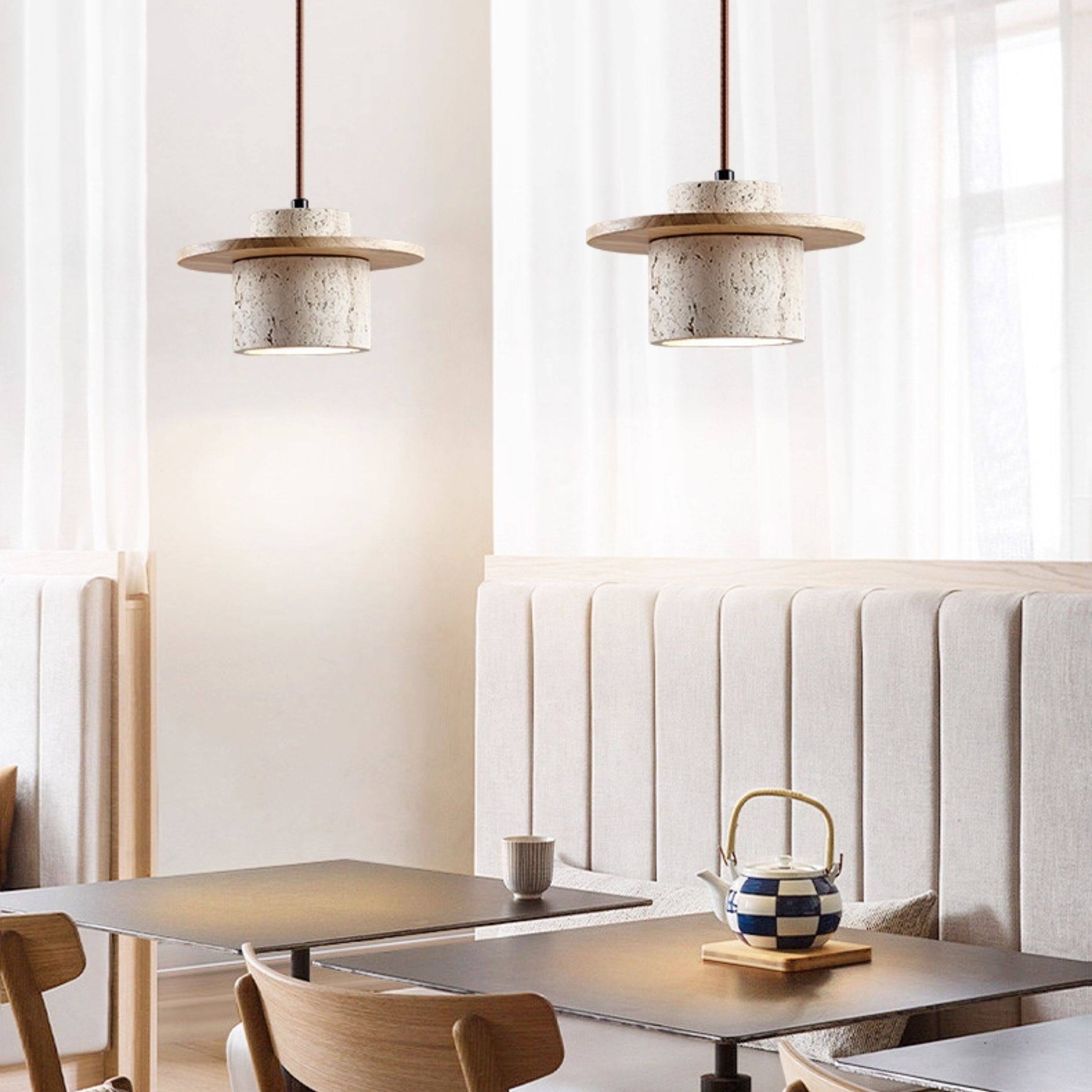 Antizer Travertine Wood Cylinder Pendant Light