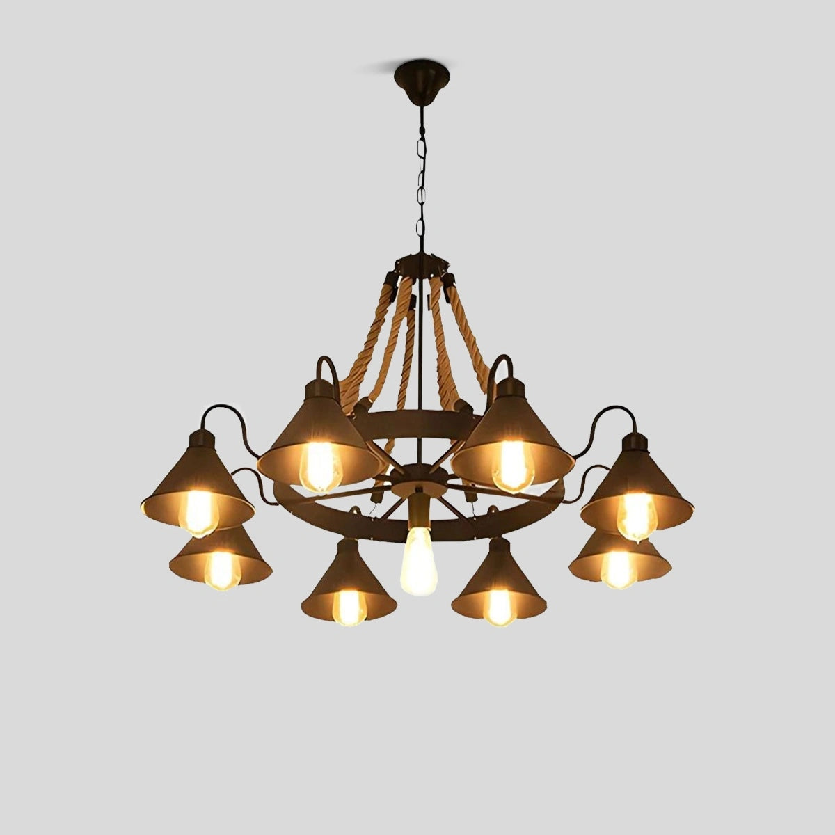 Antizer Vintage Industrial Rope Chandelier for Dining Area 9 Lights Warm Light