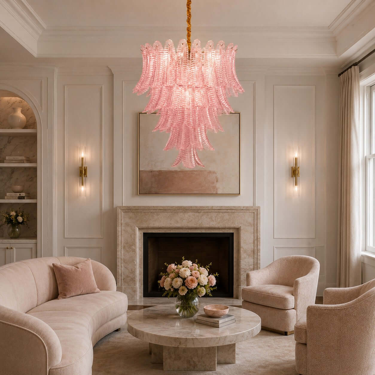 Antizer Murano Layered Pink Glass Leaf Chandelier