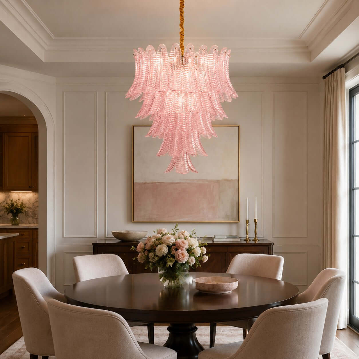 Antizer Murano Layered Pink Glass Leaf Chandelier