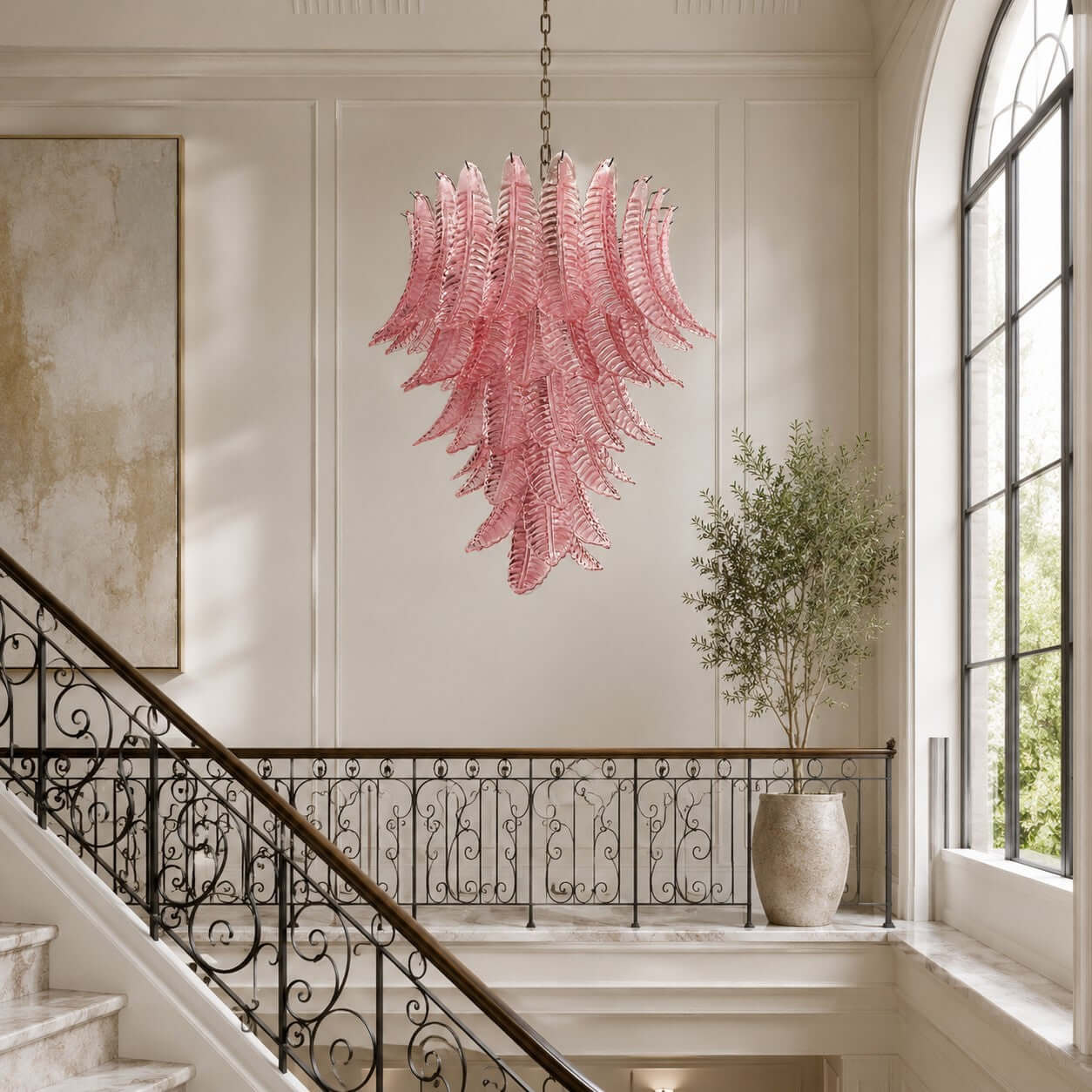 Antizer Murano Layered Pink Glass Leaf Chandelier