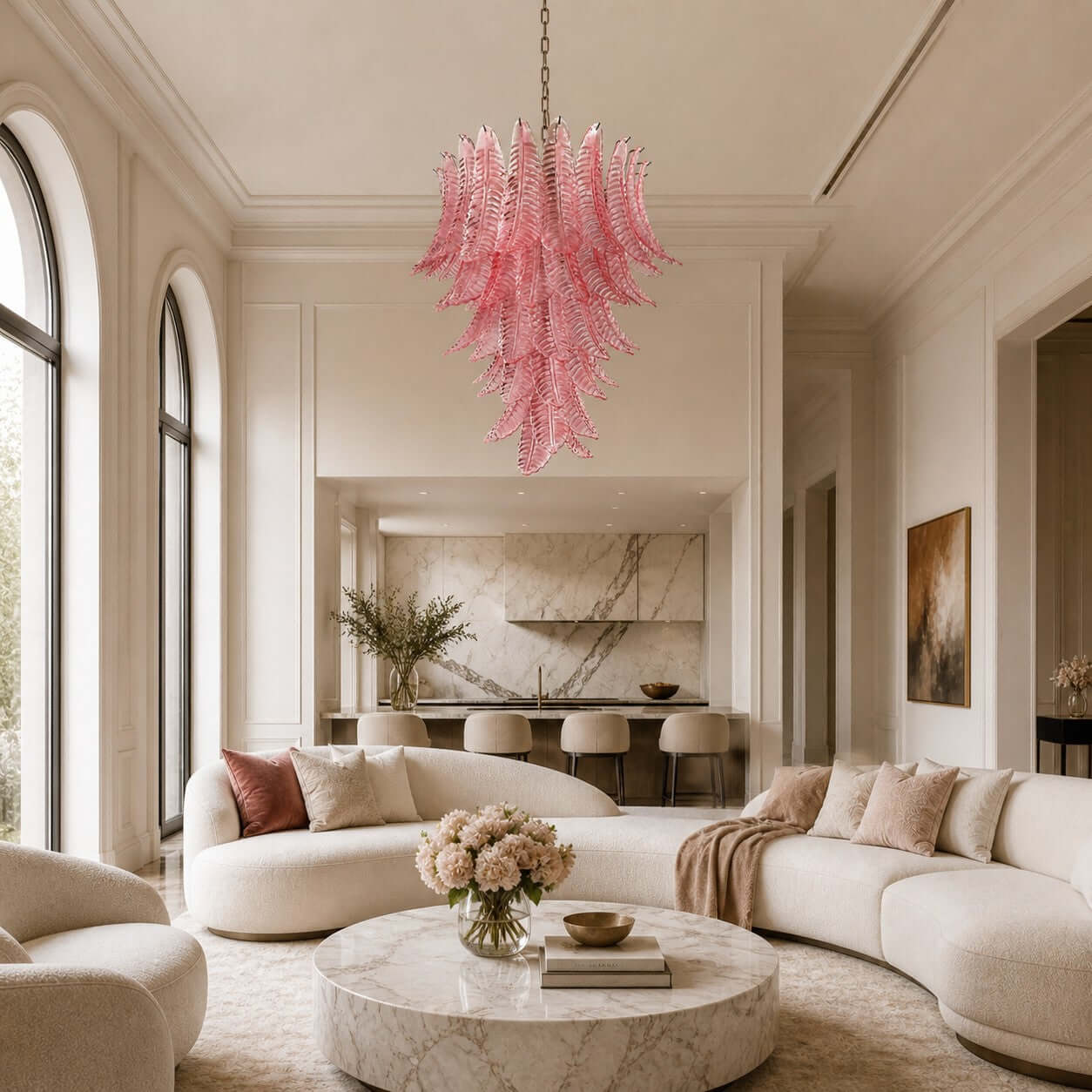 Antizer Murano Layered Pink Glass Leaf Chandelier