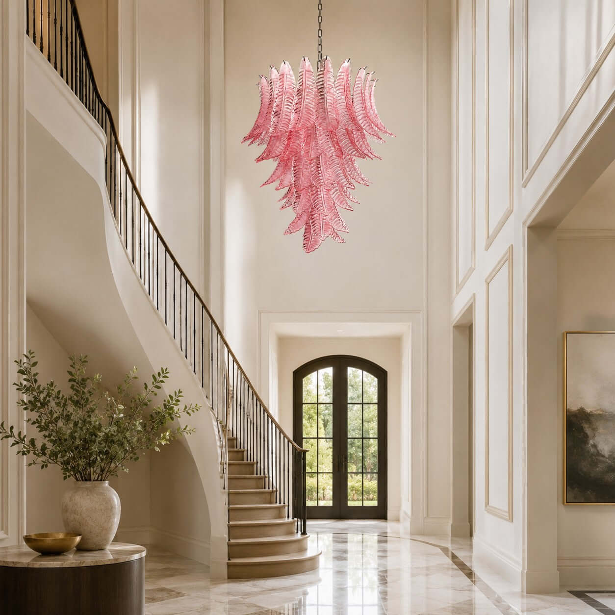 Antizer Murano Layered Pink Glass Leaf Chandelier
