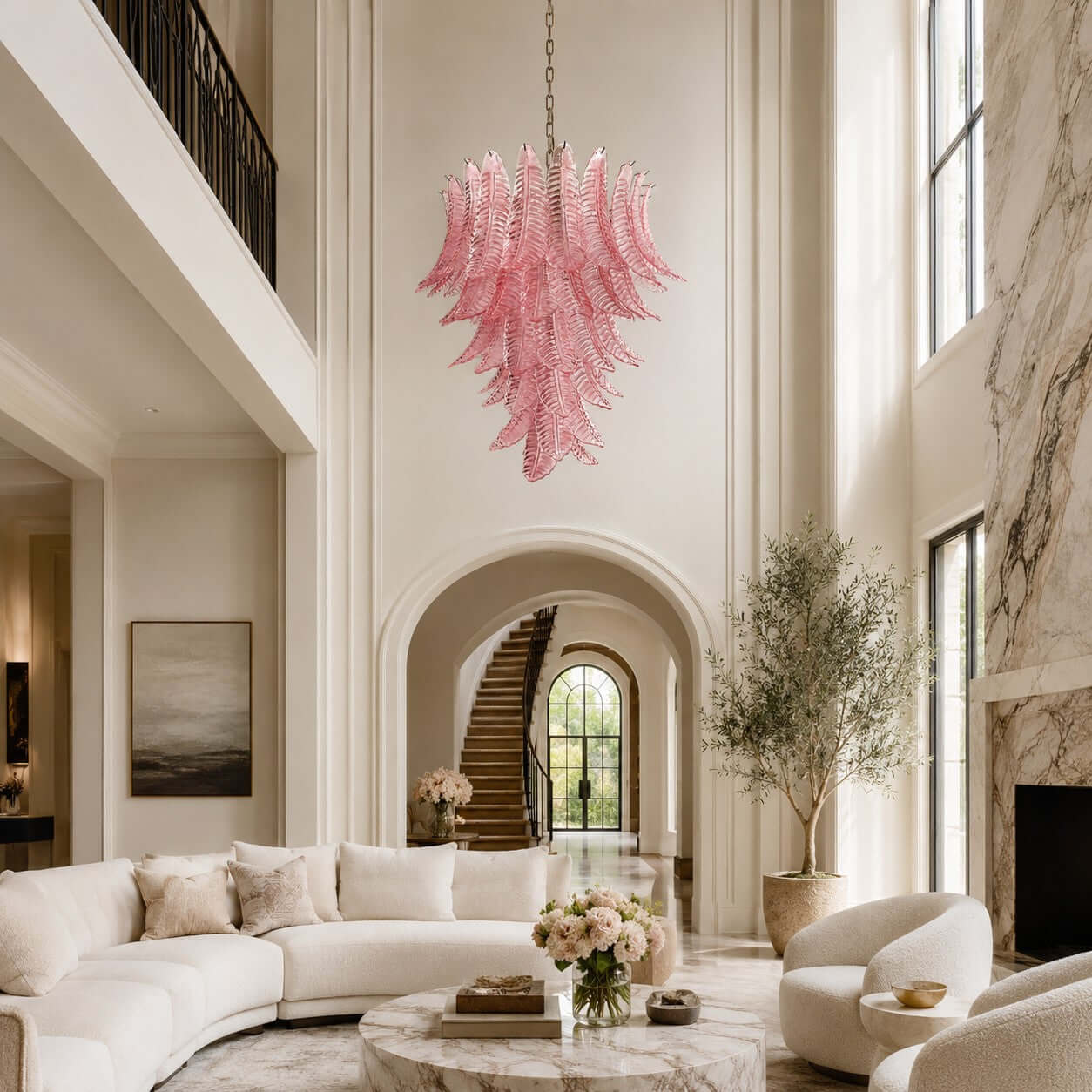 Antizer Murano Layered Pink Glass Leaf Chandelier