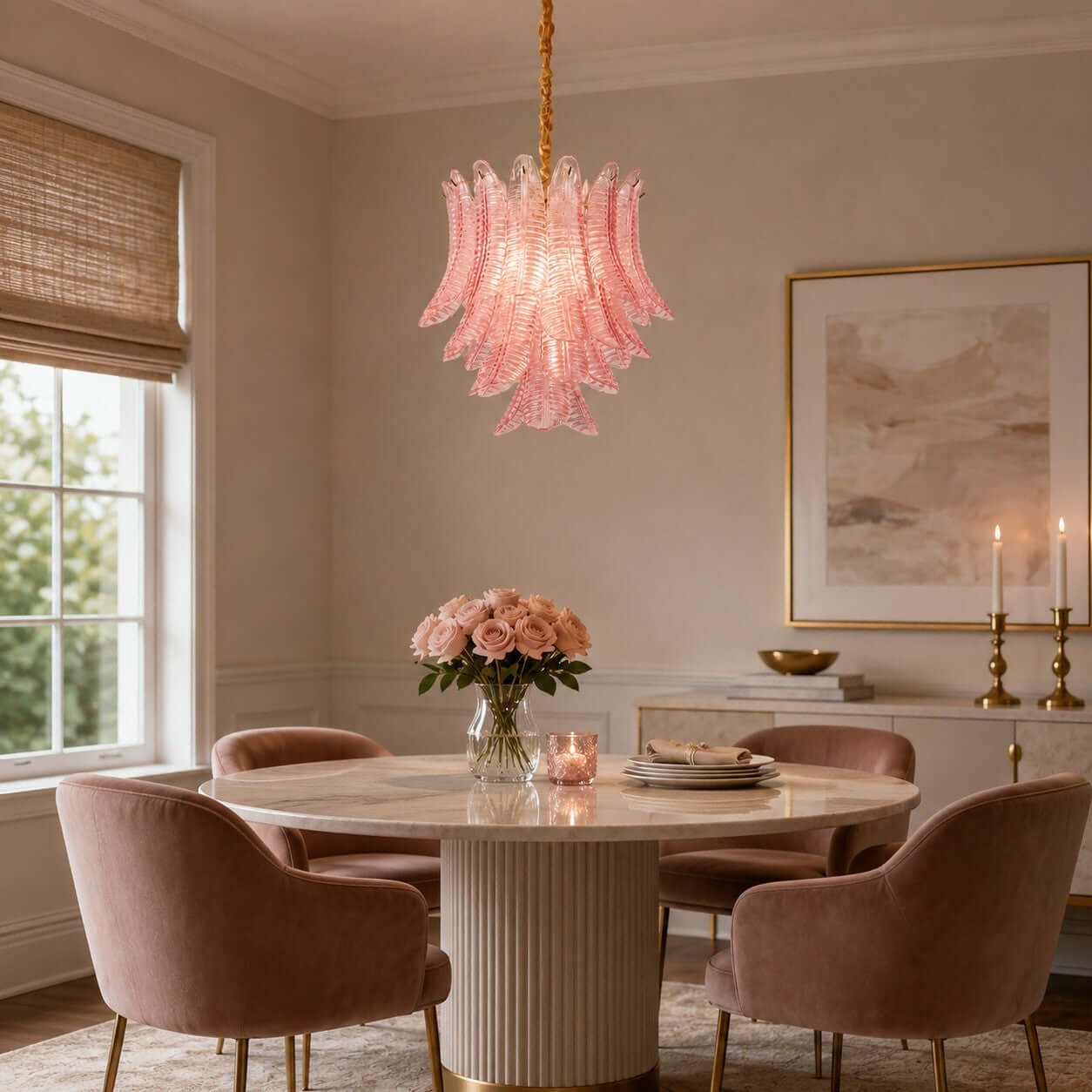 Antizer Murano Layered Pink Glass Leaf Chandelier