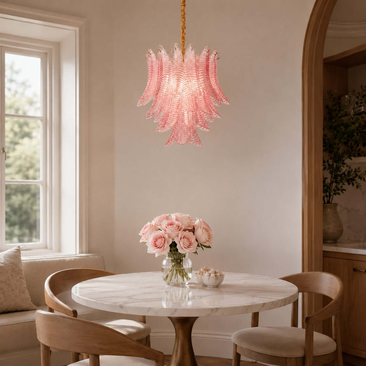 Antizer Murano Layered Pink Glass Leaf Chandelier