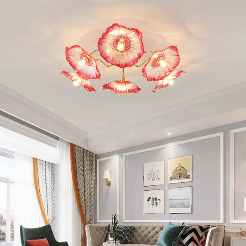 Antizer Lotus Leaf Glass Ceiling Lamp for Living Room Pink 6 Heads