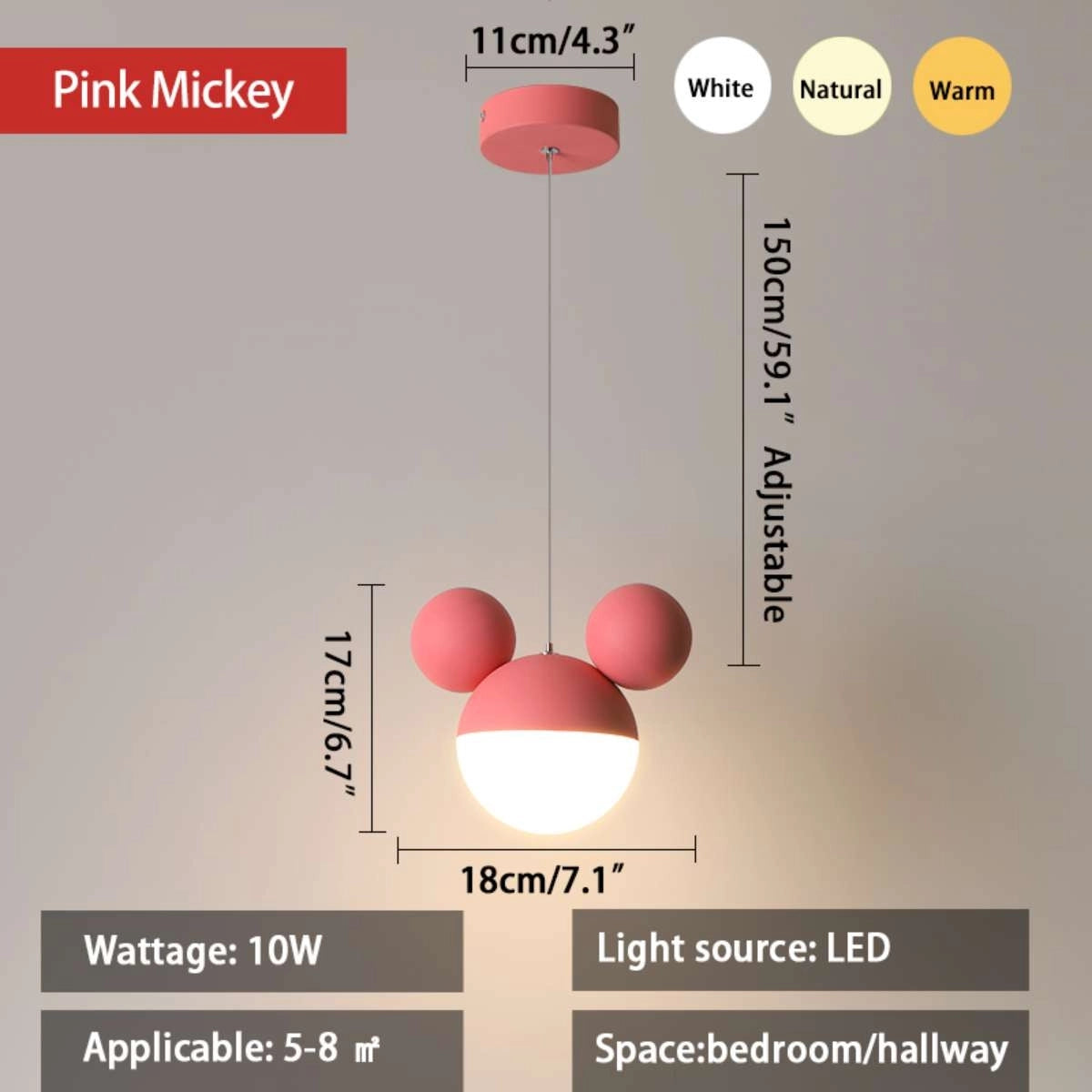 Antizer Cartoon Mickey Pendant Lamp Pink Tricolor Dimming