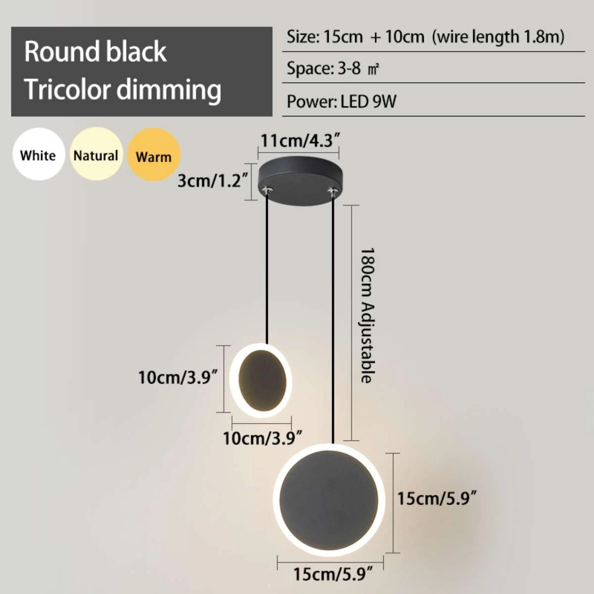 Antizer Modern Simple Ceiling Pendant Light Round Black Tricolor Dimming