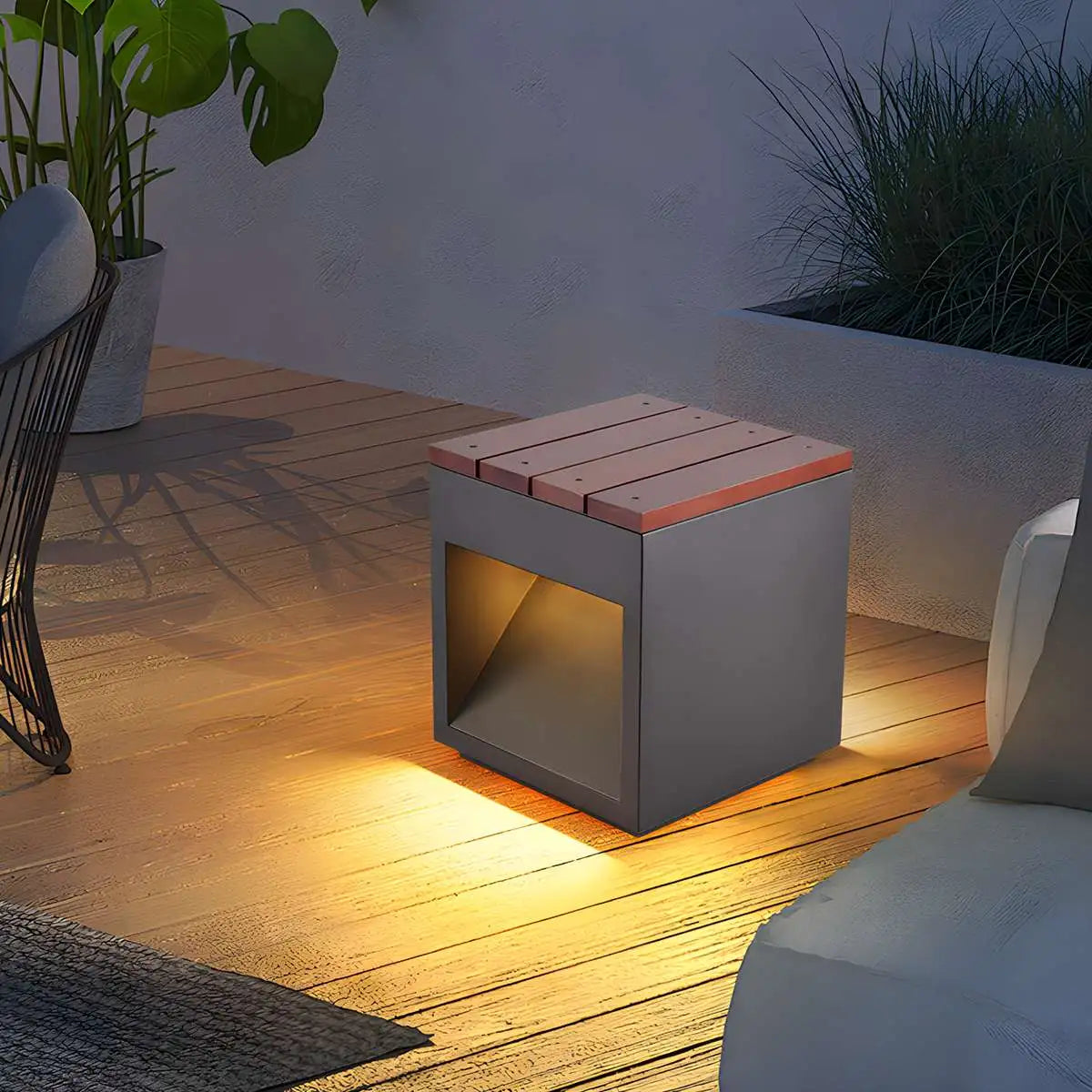 Antizer Solar Wooden Square Stool Outdoor Light