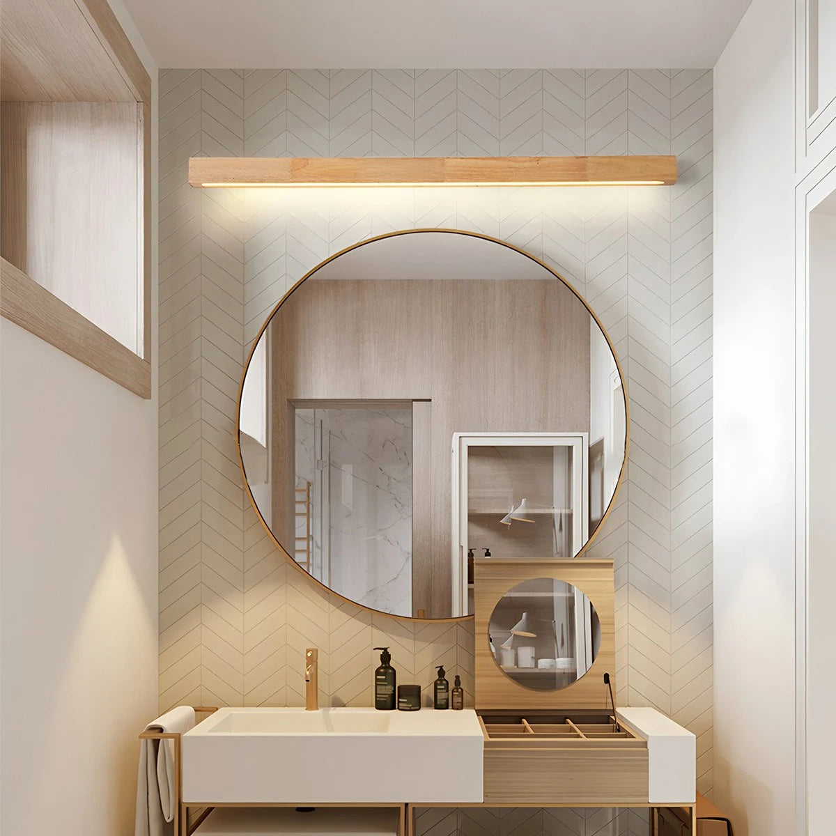 linear wood wall light for lavatory