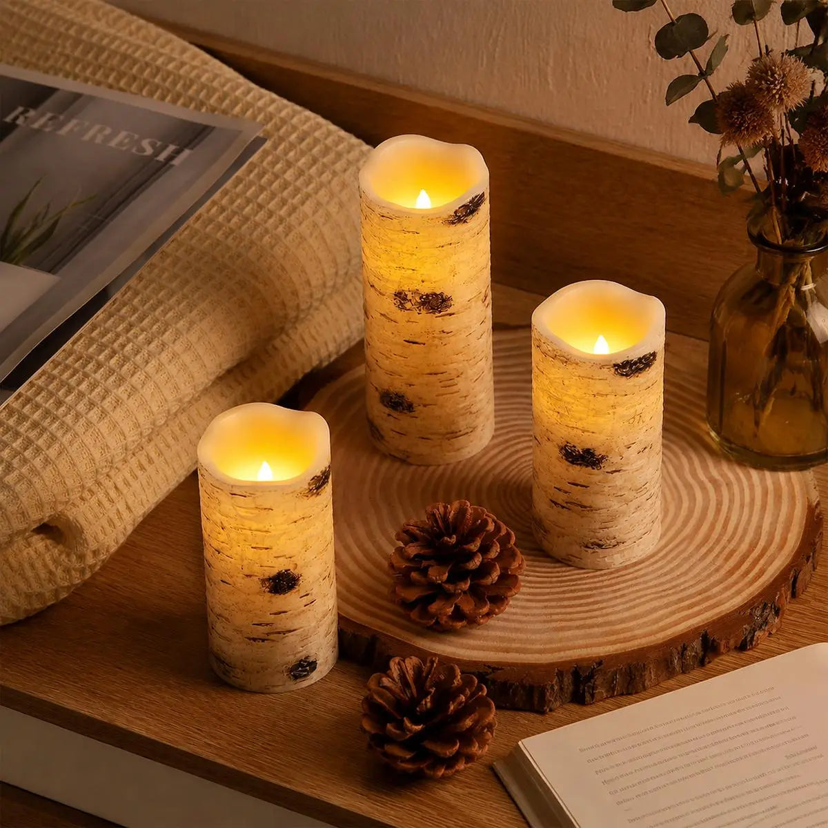 Antizer Birch Bark LED Flameless Paraffin Candle 9 Pack × 8