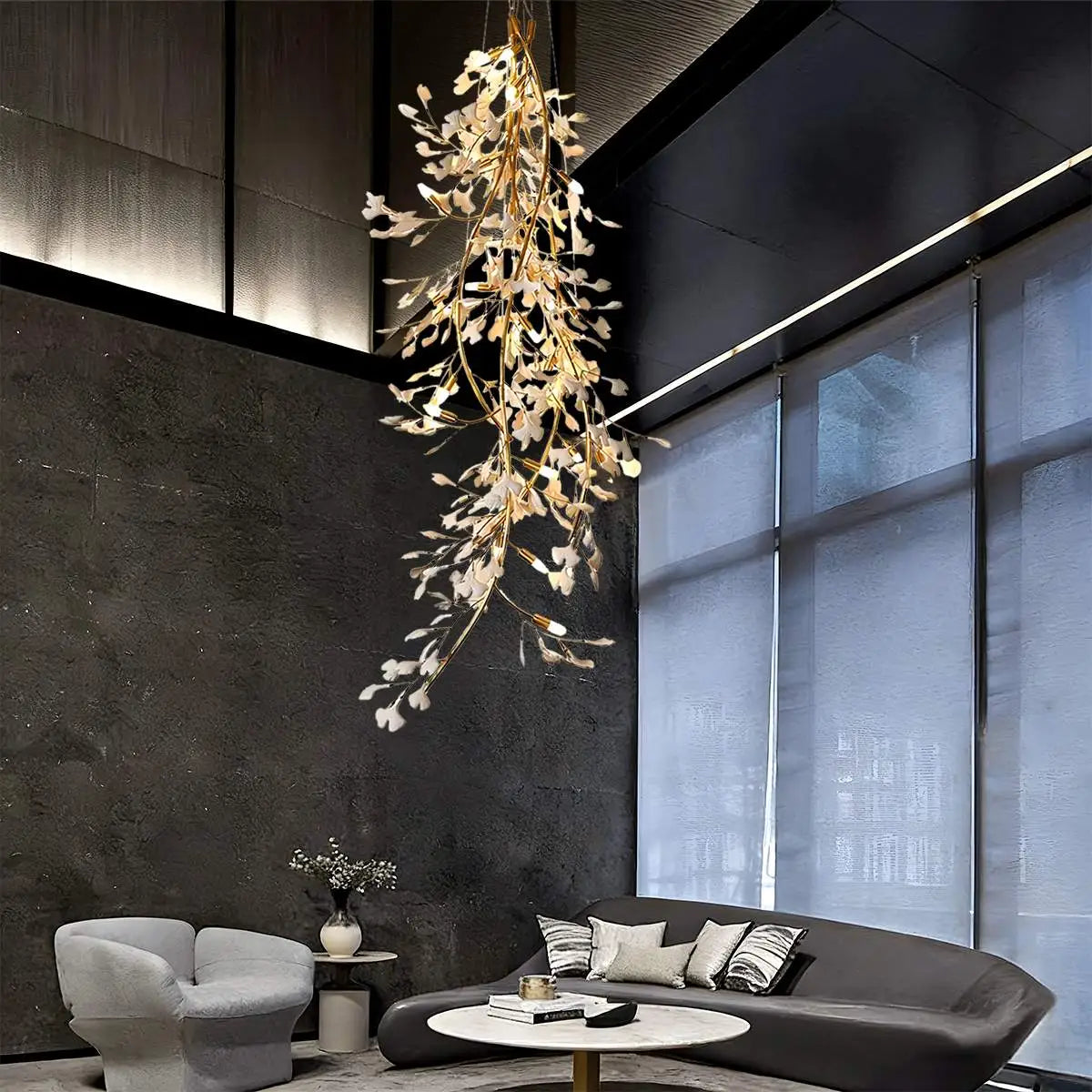Antizer Ginkgo Long Branch Chandelier for High Ceiling