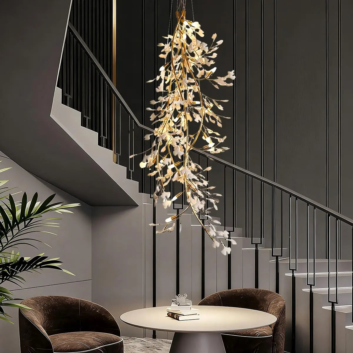 Antizer Ginkgo Long Branch Chandelier for High Ceiling