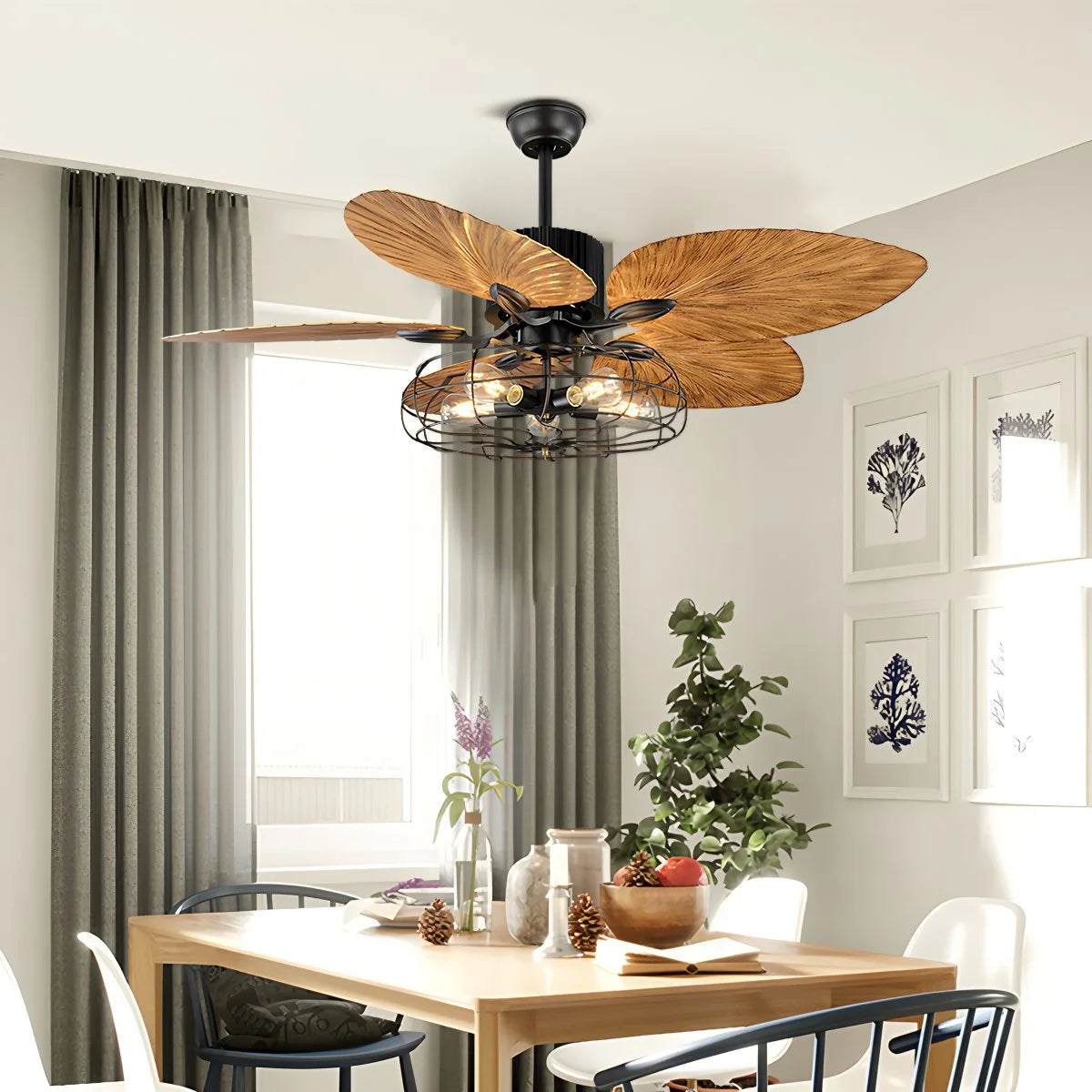 Antizer Industrial Tropical Palm Leaves Ceiling Fan Light