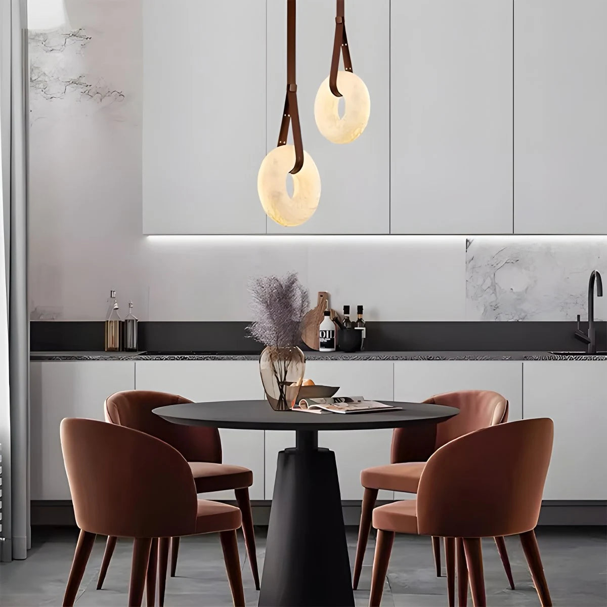 Antizer Round Spanish Alabaster Pendant Light Leather Hanging Wire