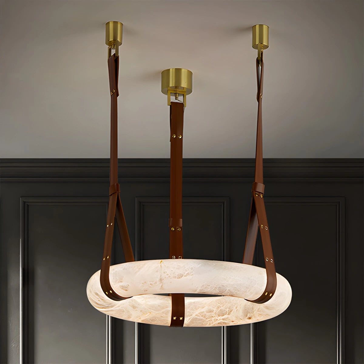 Antizer Round Spanish Alabaster Pendant Light Leather Hanging Wire