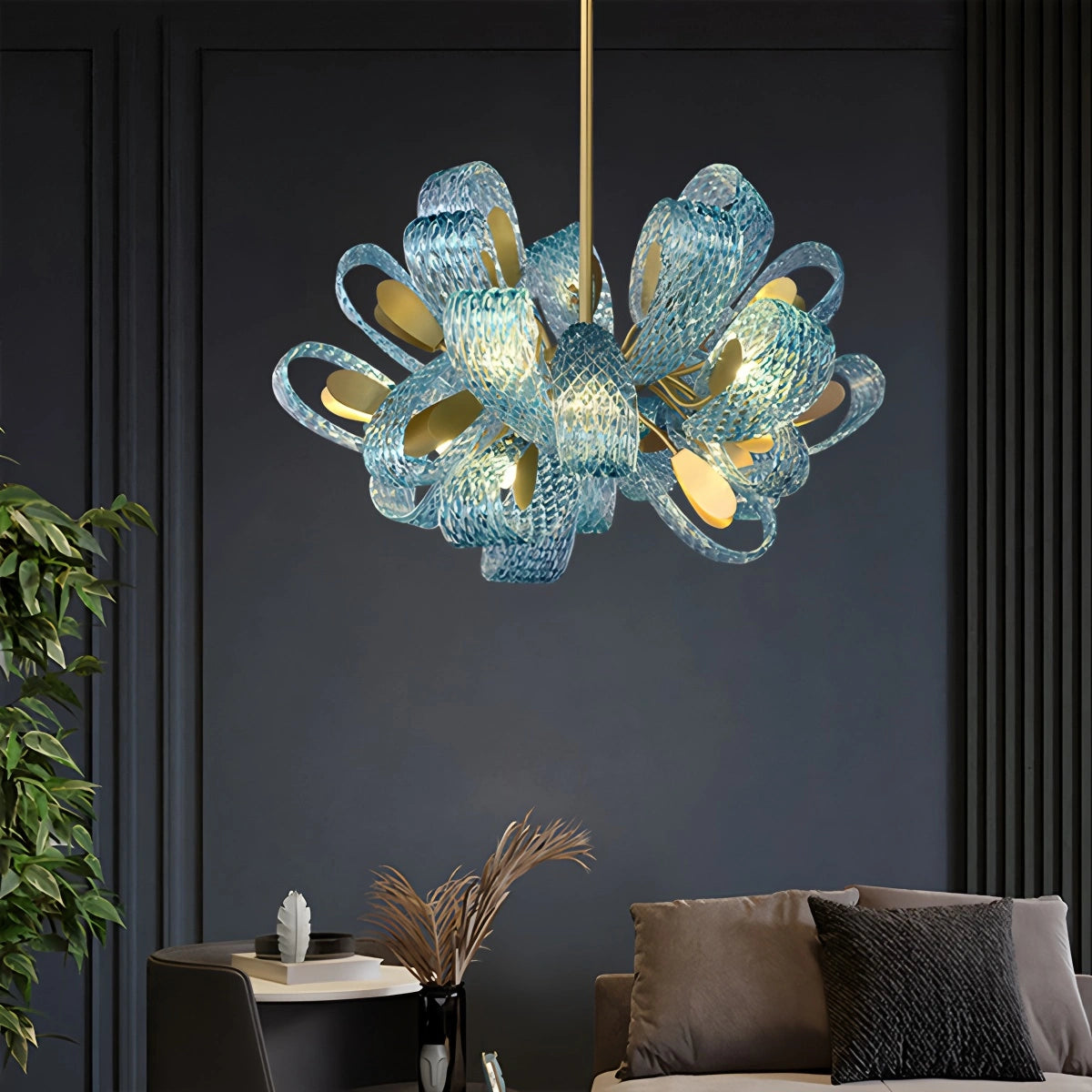 blue art glass chandelier for living room