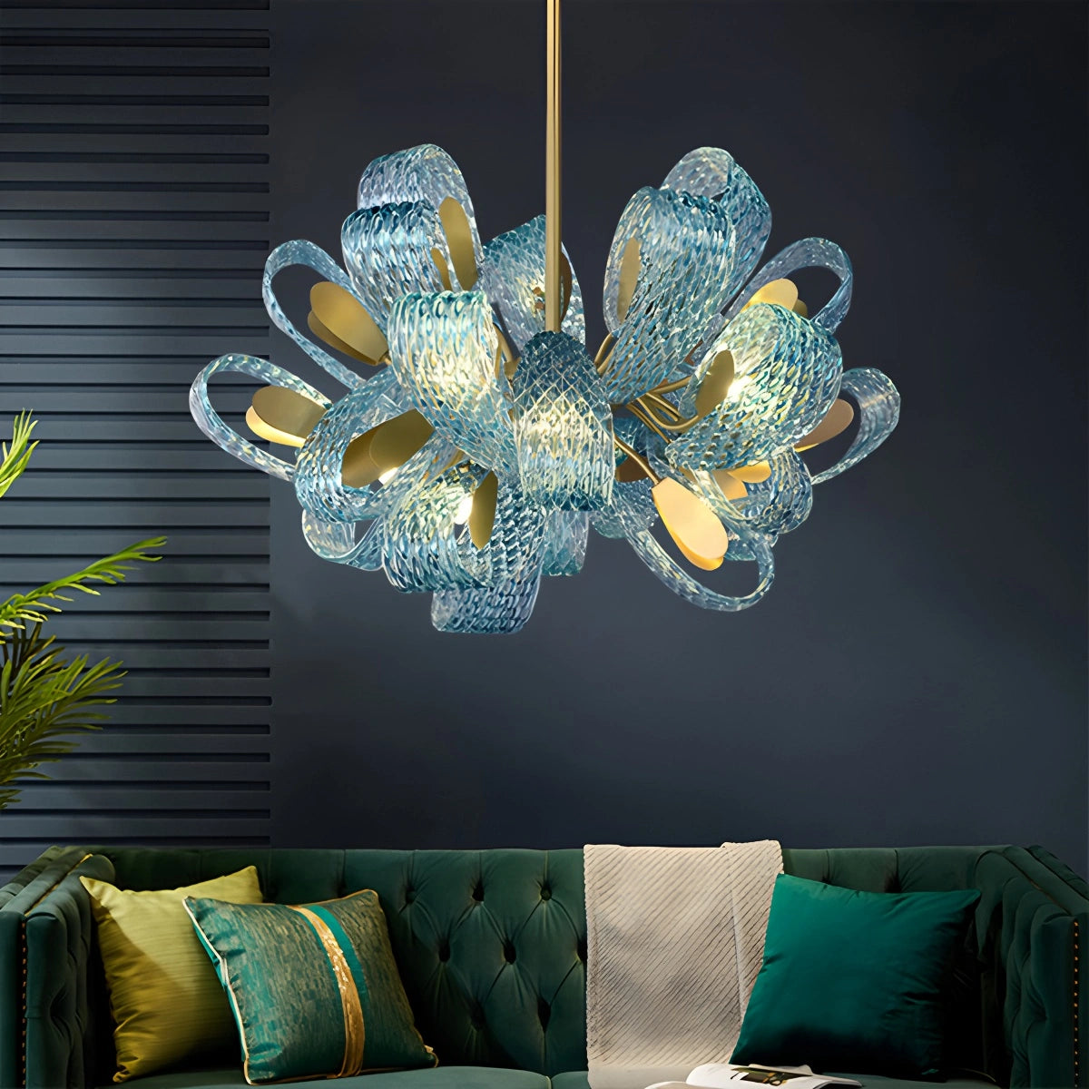 blue art glass chandelier for living room