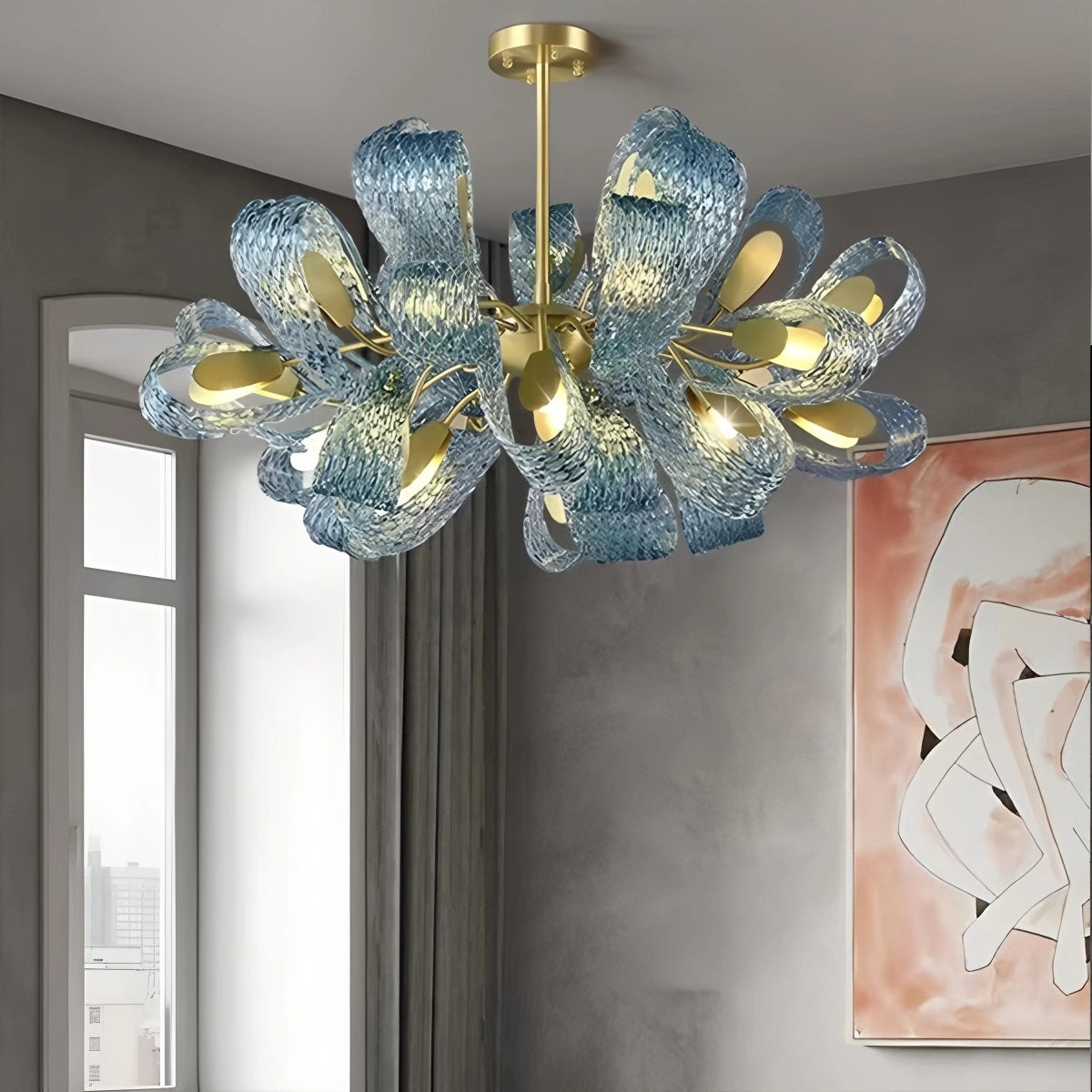blue art glass chandelier for living room
