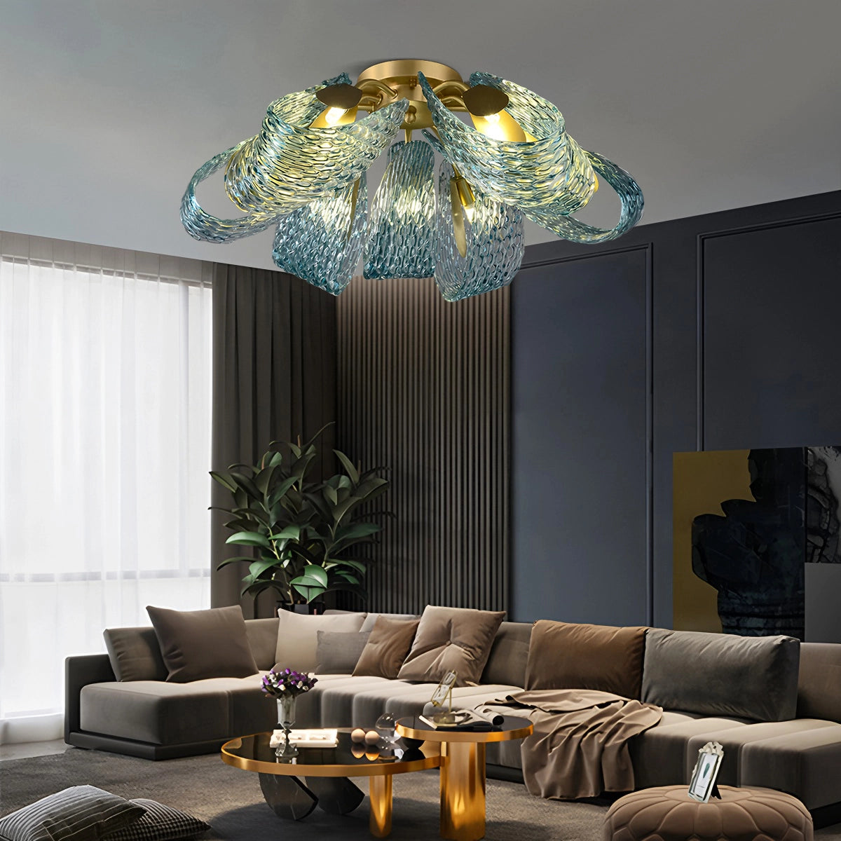 blue art glass chandelier for living room