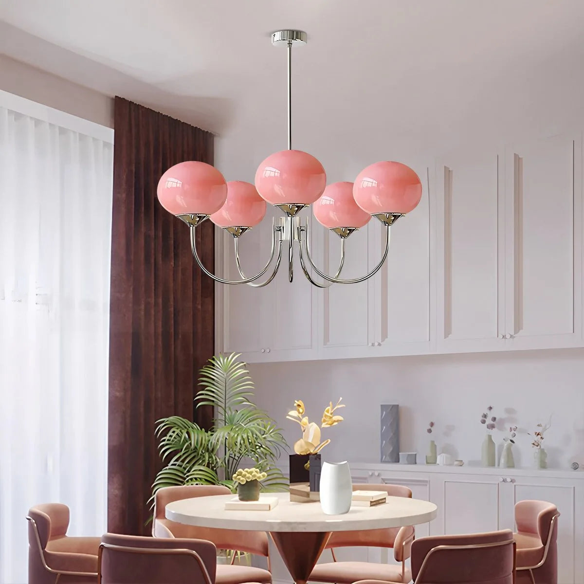 Antizer Pink Glass Globe Arm Chandelier for Living Room