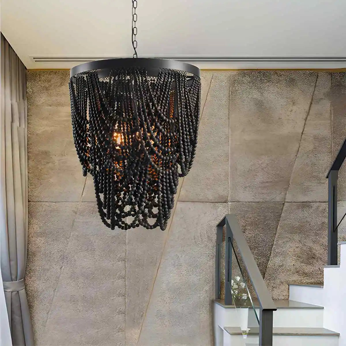 Antizer Retro Wooden Bead Chandelier for Dining Room Style A-Black Warm Light