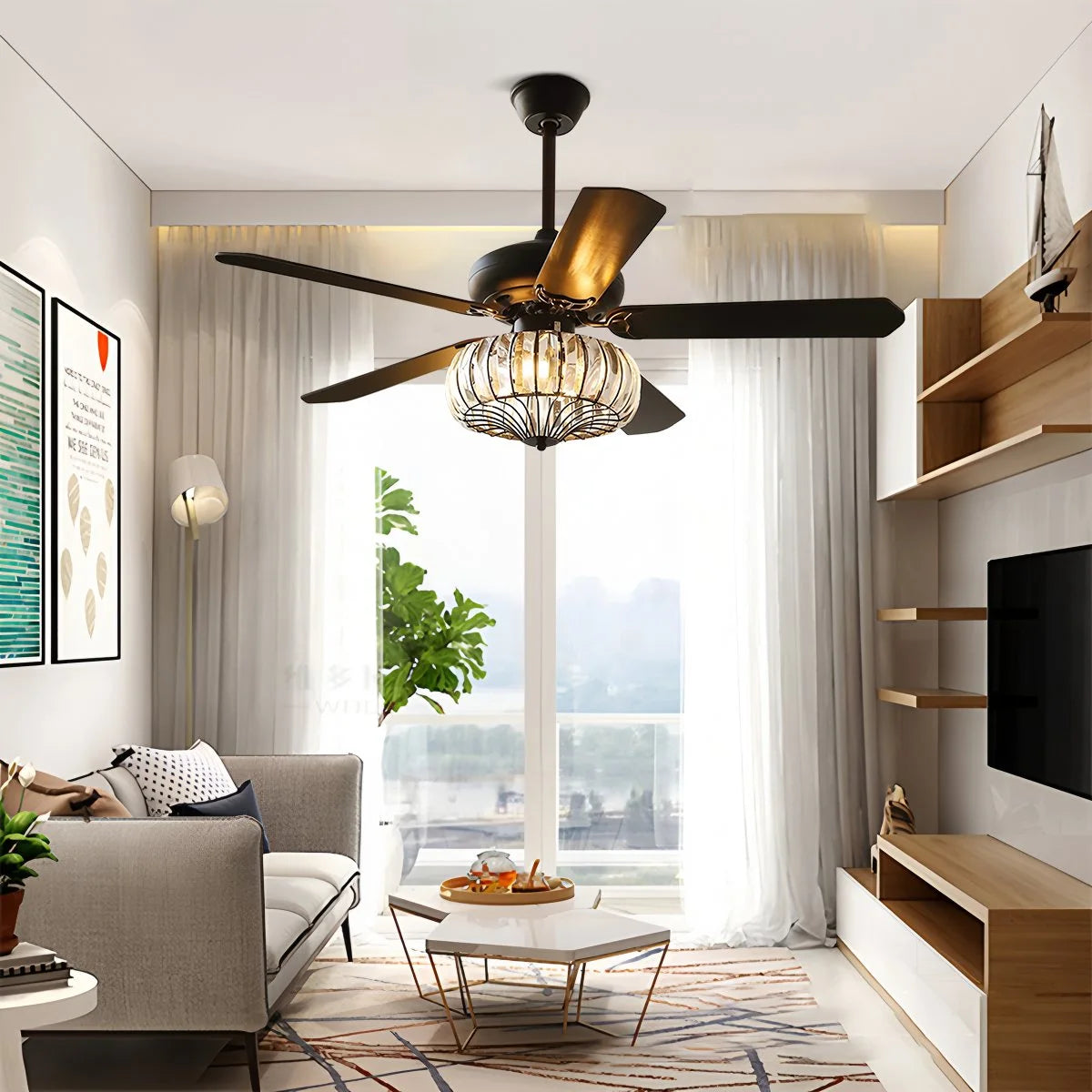 Antizer Vintage Crystal Ceiling Fan with Light