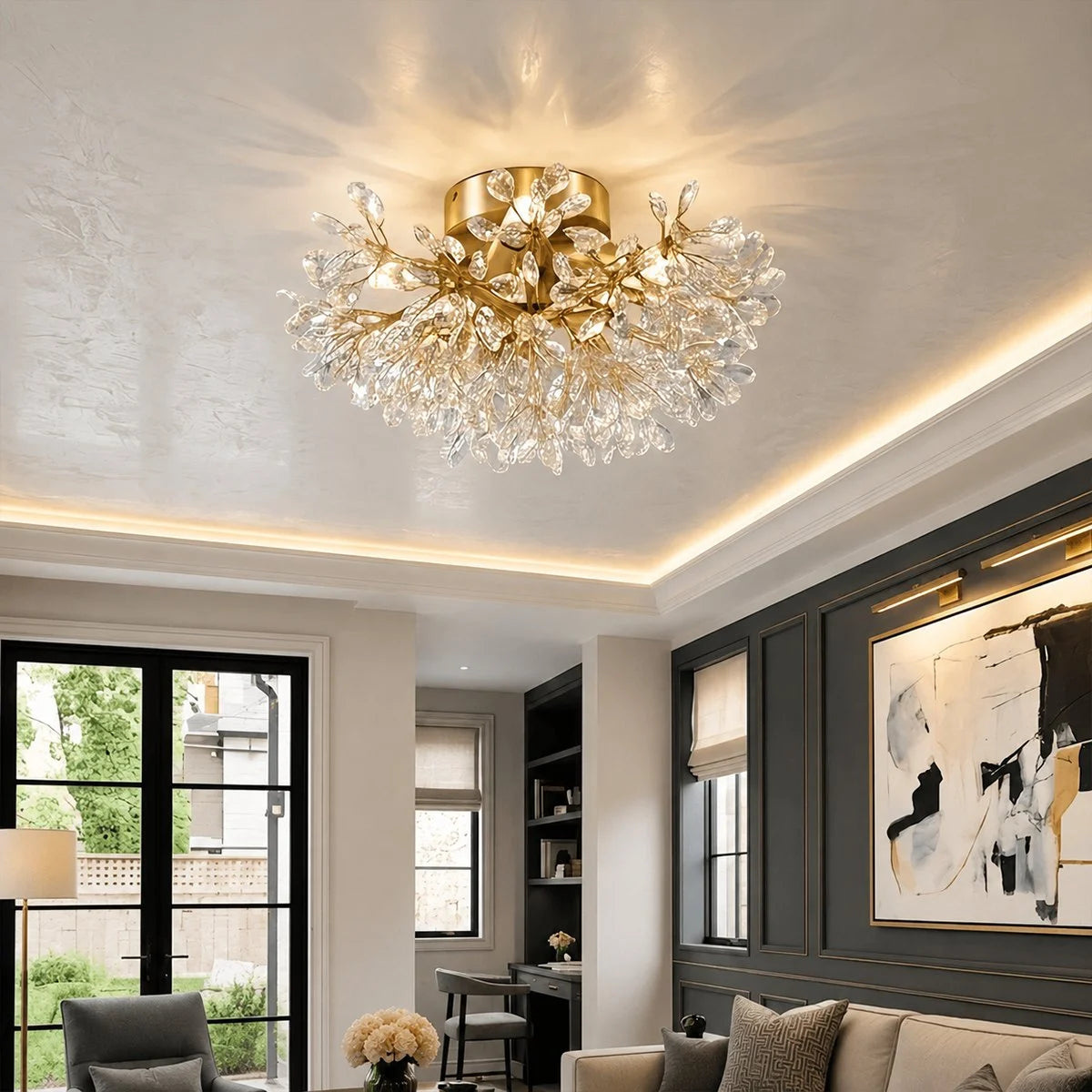 Antizer French Semi-Flush Brass Crystal Ceiling Light