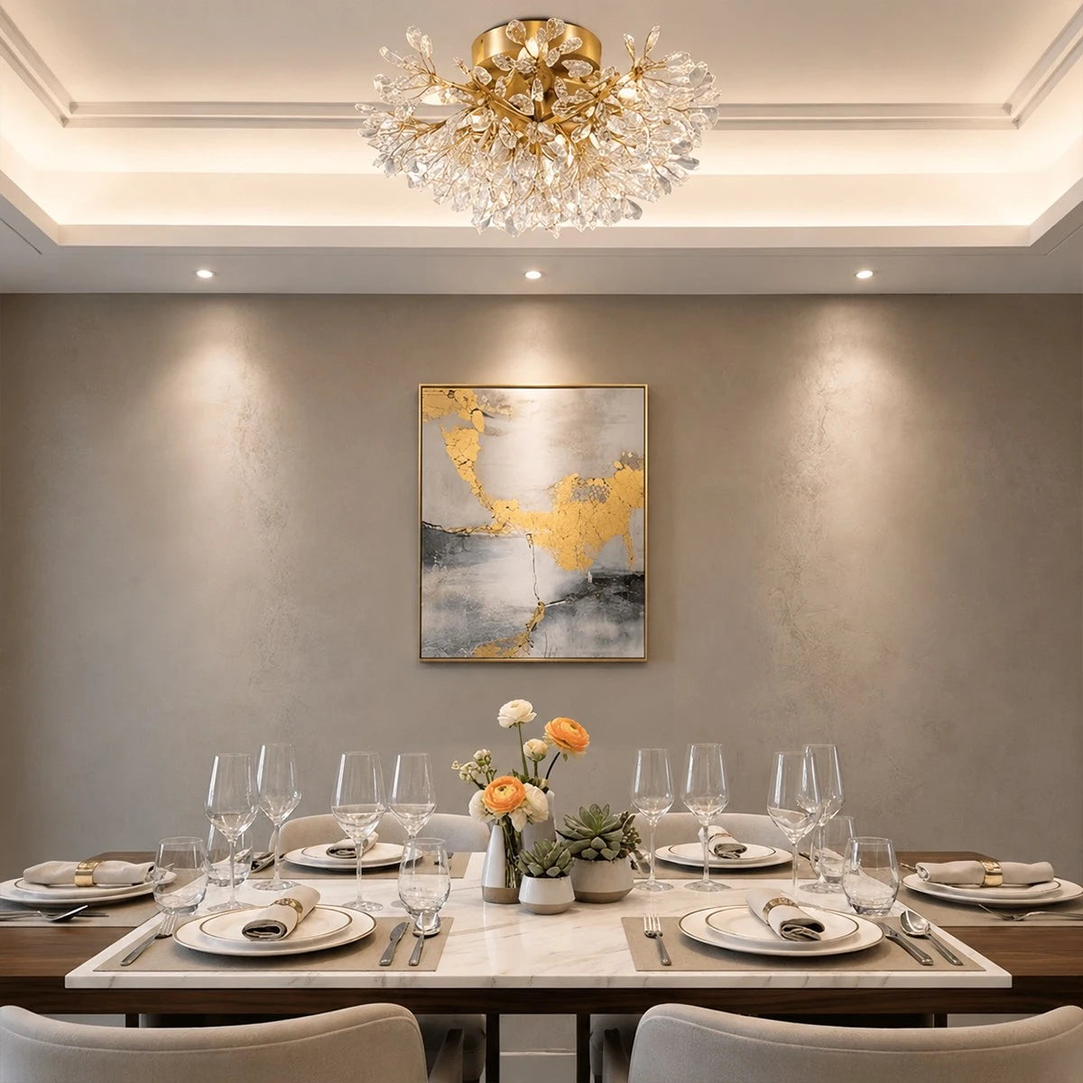 Antizer French Semi-Flush Brass Crystal Ceiling Light
