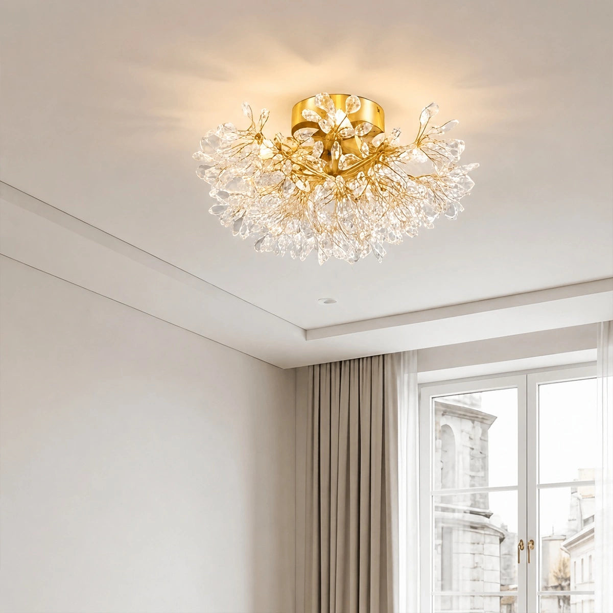 Antizer French Semi-Flush Brass Crystal Ceiling Light