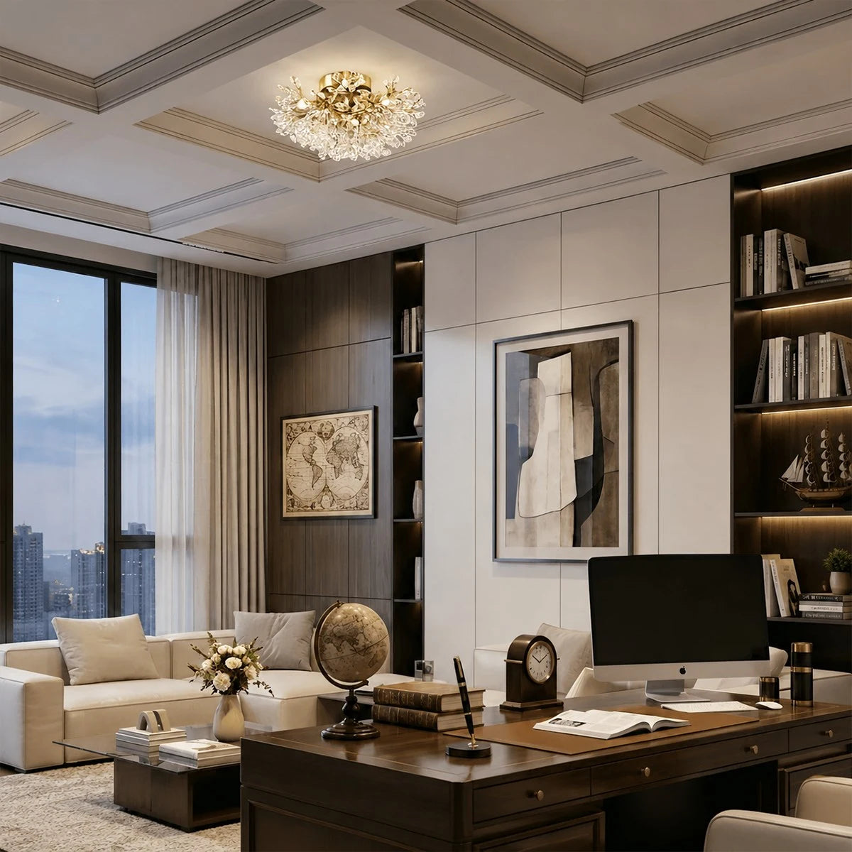 Antizer French Semi-Flush Brass Crystal Ceiling Light