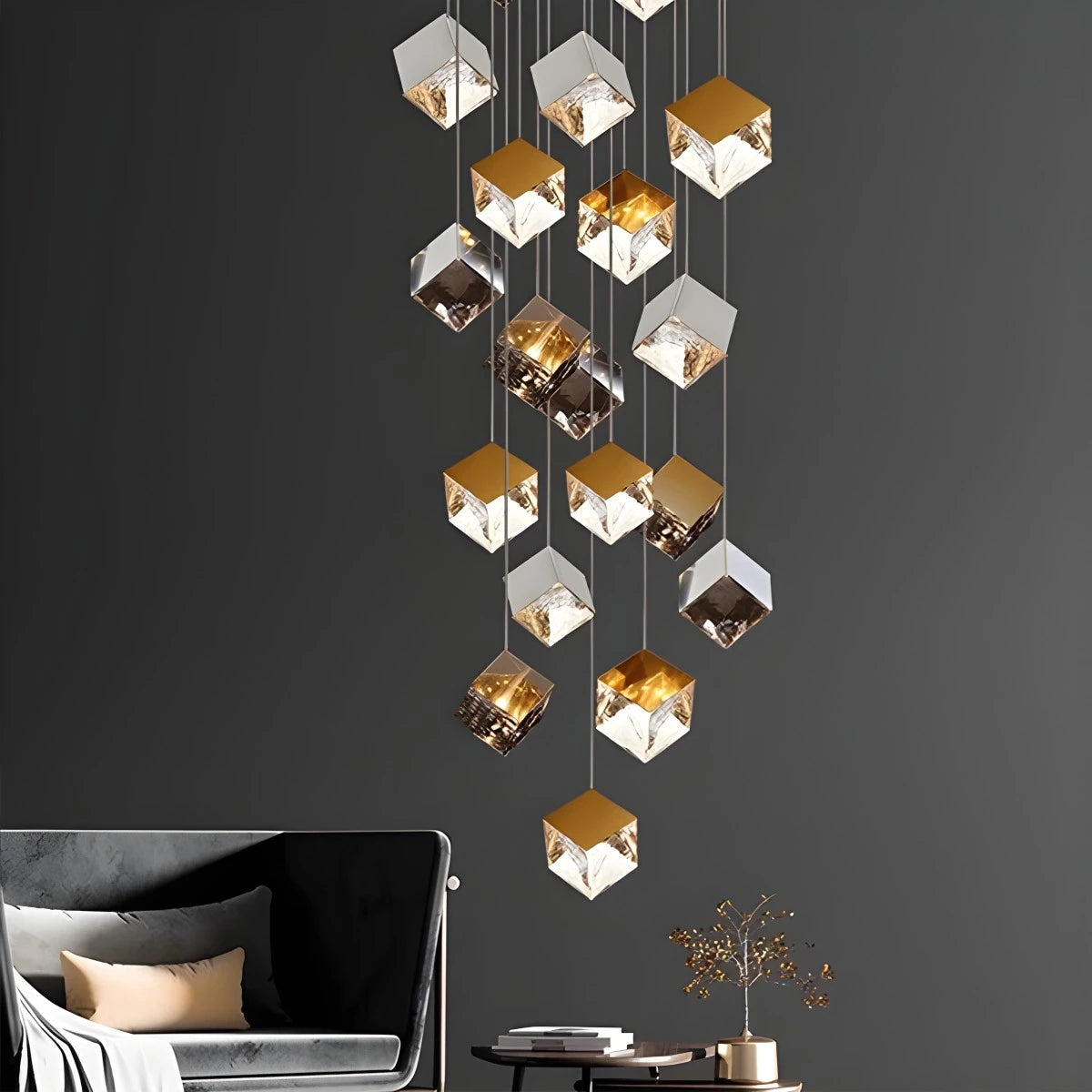 Antizer Ice Cube Textured Glass Chandelier Golden+Silver 12 Lights