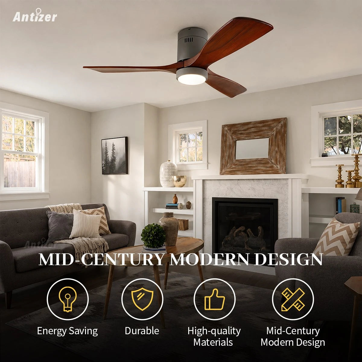 Antizer Mid-century Modern Hugger Ceiling Fan Lamp