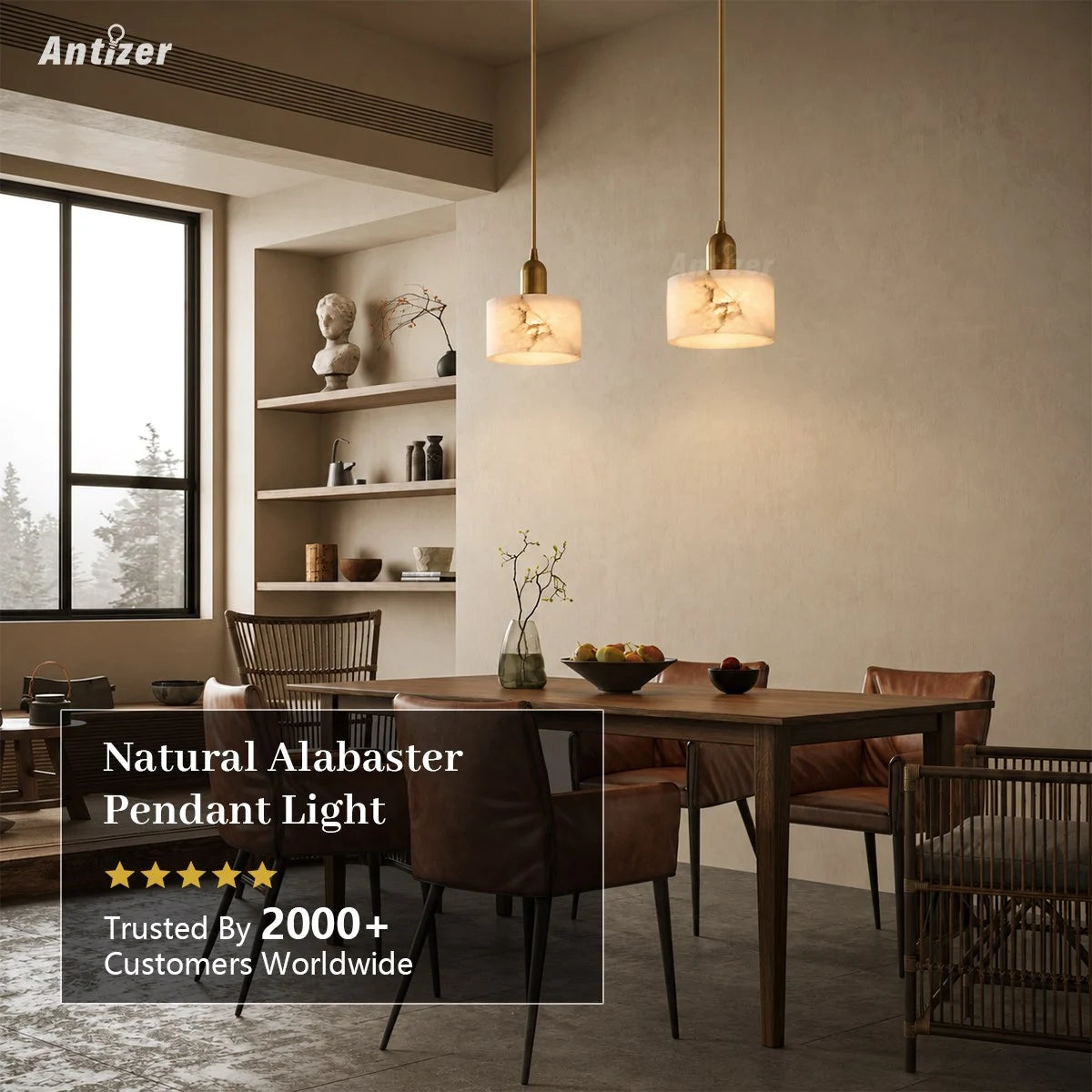 Antizer Modern Brass Alabaster Pendant Light