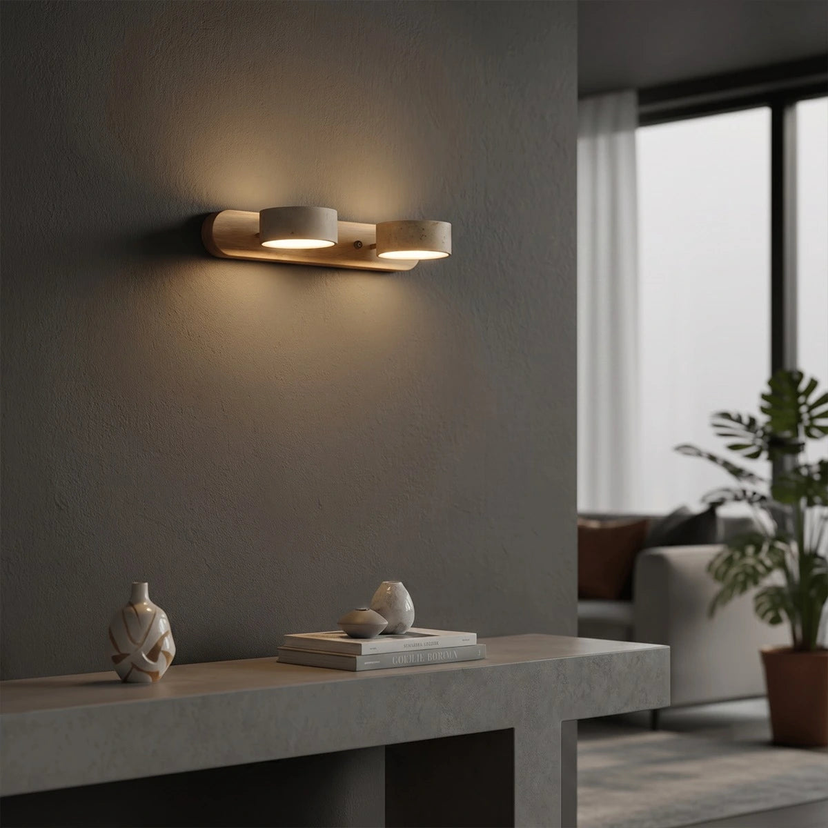 Antizer Modern LED Wood & Stone Travertine Wall Sconce
