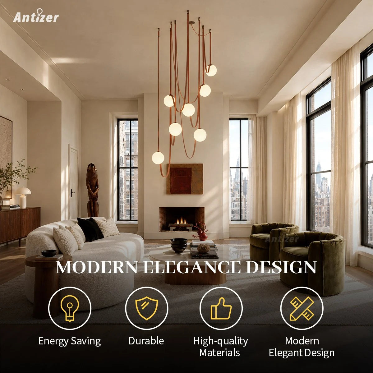 Antizer Modern Leather Strap Globe Pendant Light