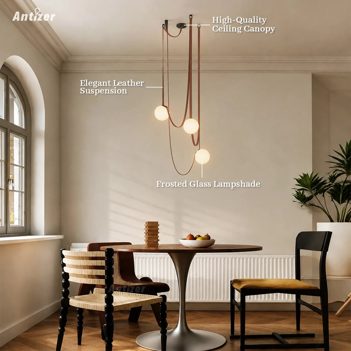 Antizer Modern Leather Strap Globe Pendant Light