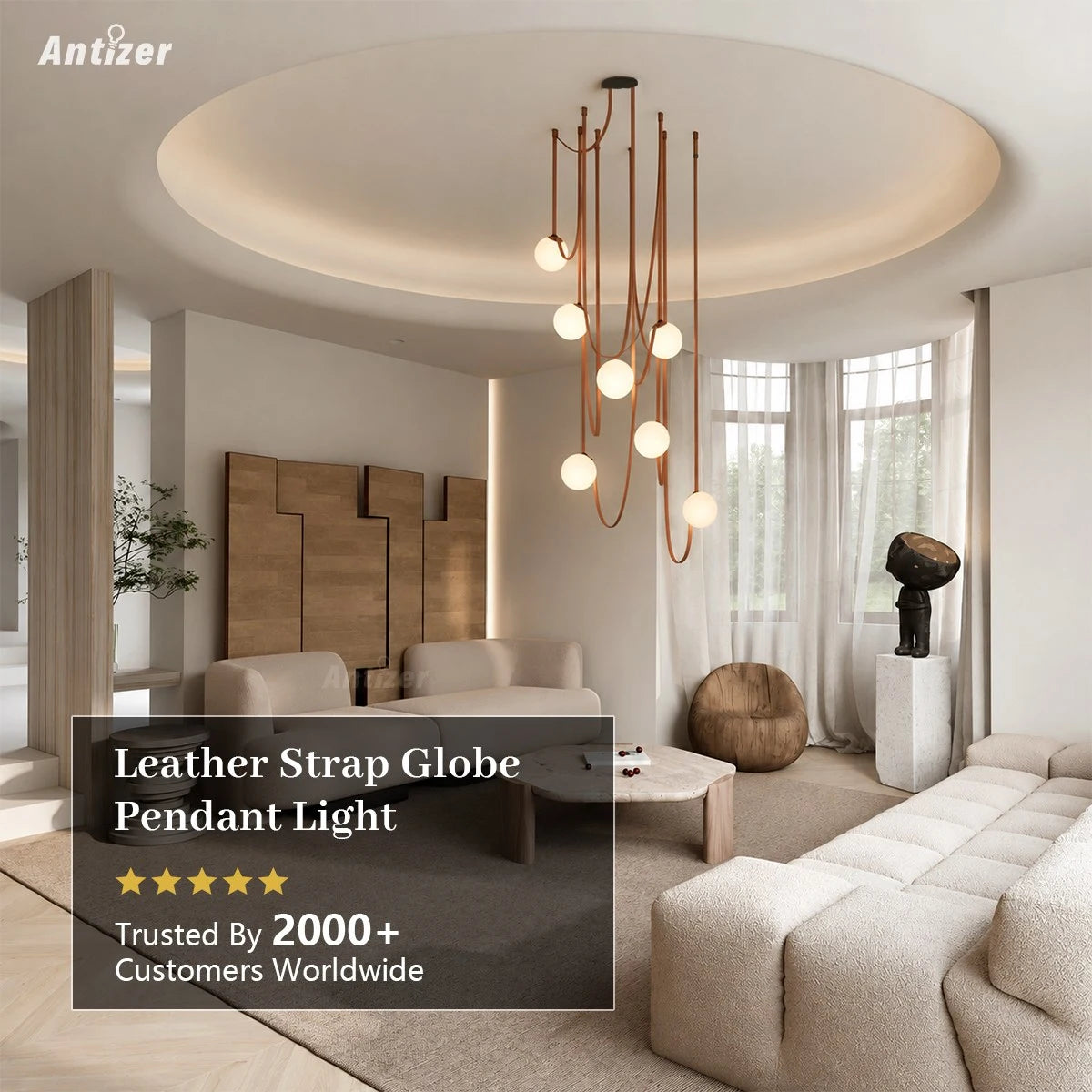 Antizer Modern Leather Strap Globe Pendant Light