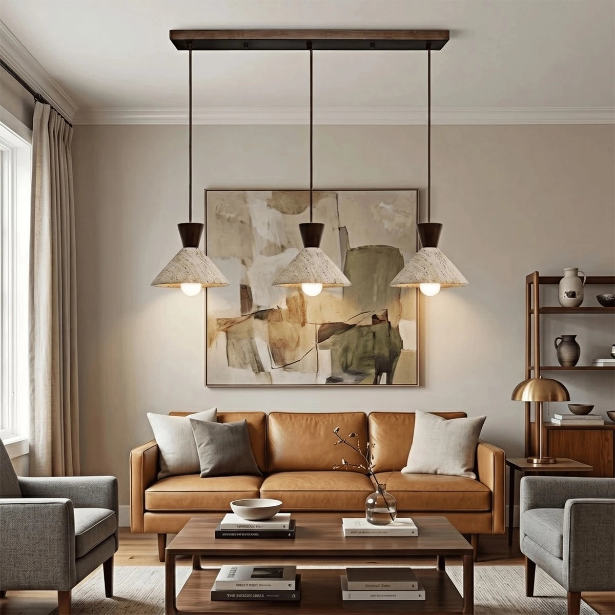 Antizer Modern Travertine & Walnut Wood Conical Pendant Light